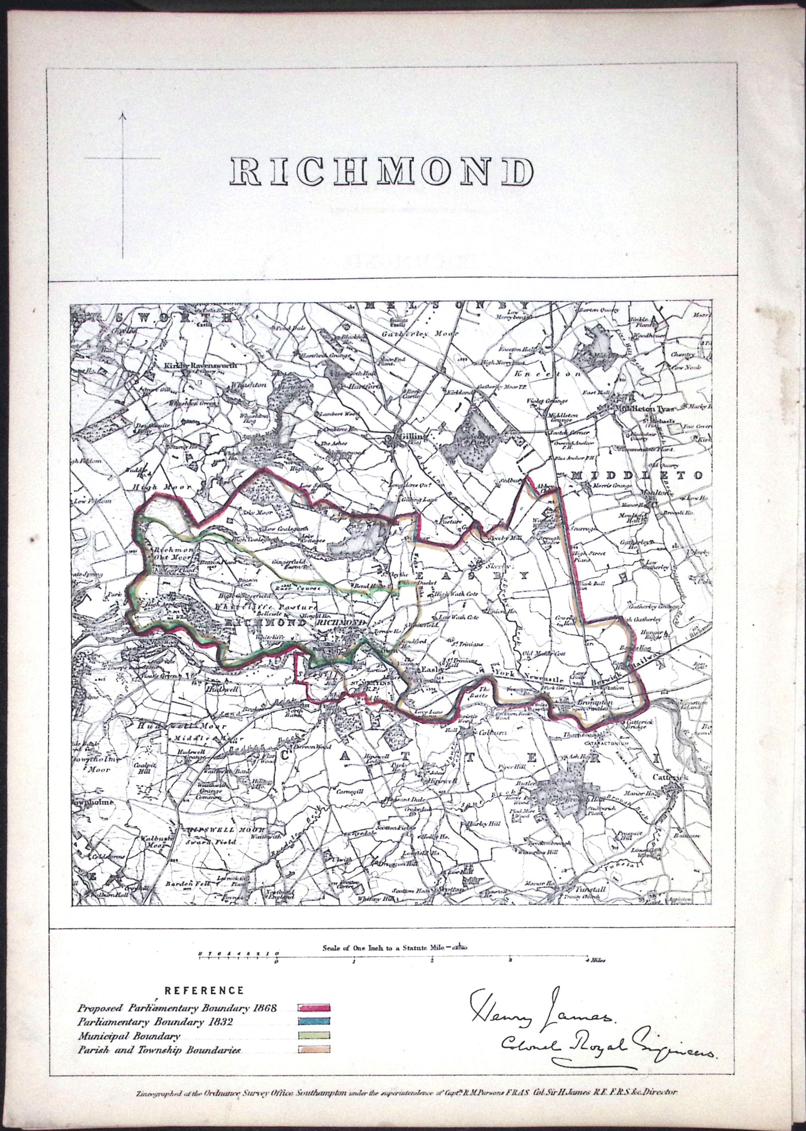 Richmond Yorkshire Boundary Commission Coloured 157-Year-Old Antique Map.: Title: Richmond Yorkshire Boundary Commission Coloured 157-Year-Old Antique Map. Description: Original Antique Lithograph Map Taken from a First Edition 157-Year-Old Bou