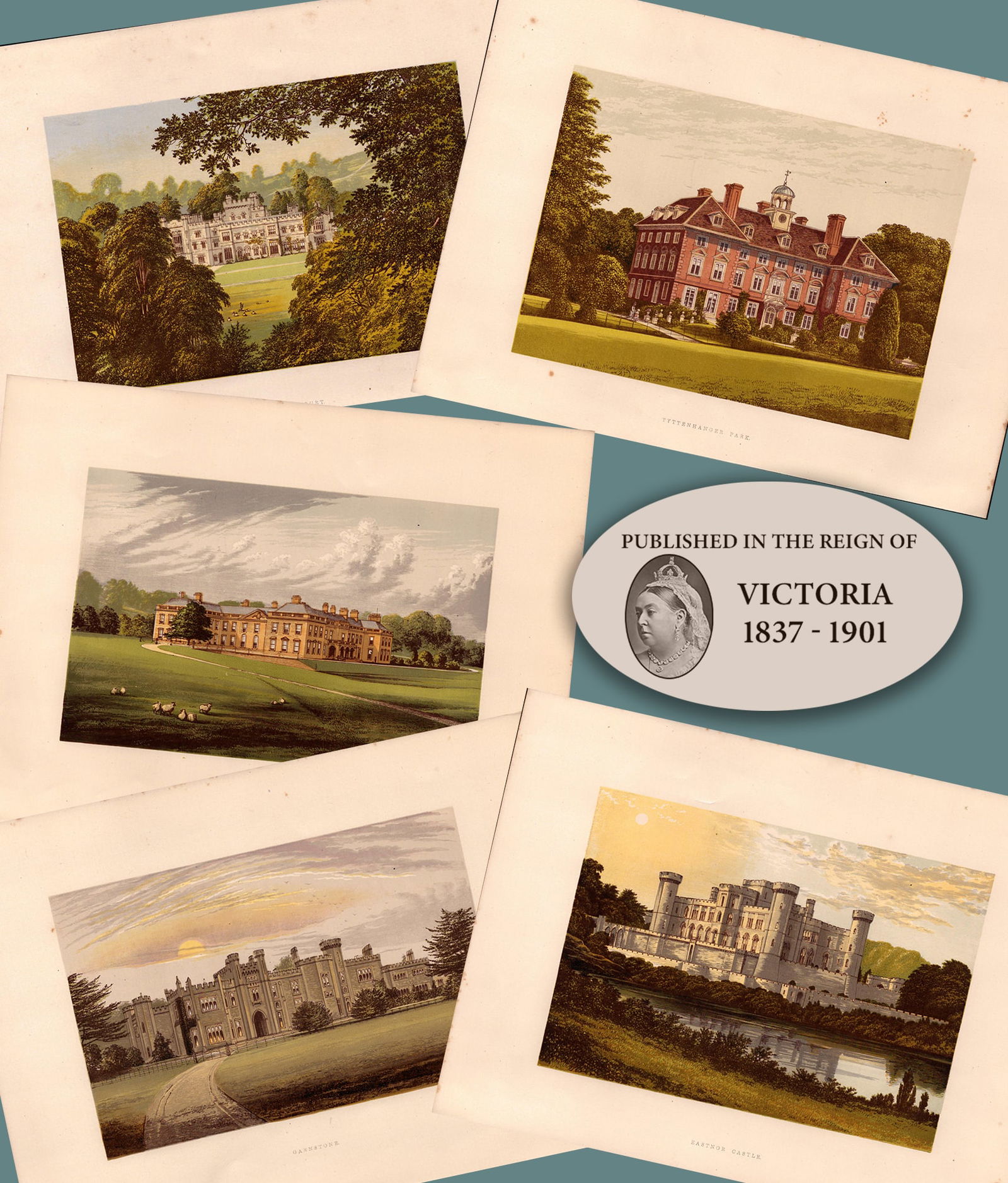 Herefordshire 150 Years-Old Job Lot Gilt-Edge Coloured Victorian Antique Book Plates.: Title: Herefordshire 150 Years-Old Job Lot Gilt-Edge Coloured Victorian Antique Book Plates. Description: This Collection of 5 Stunning Gilt-Edged Colour Plate il