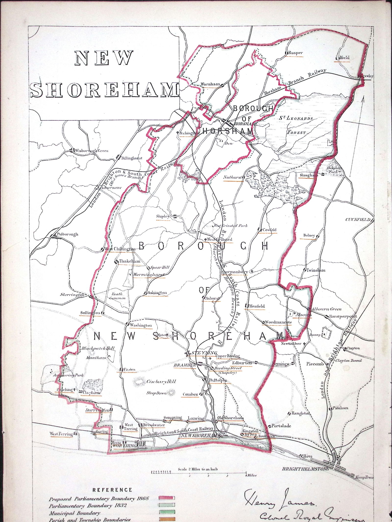 New Shoreham Sussex Boundary Commission 157-Year-Old Coloured Antique Map. (1 of 2)
