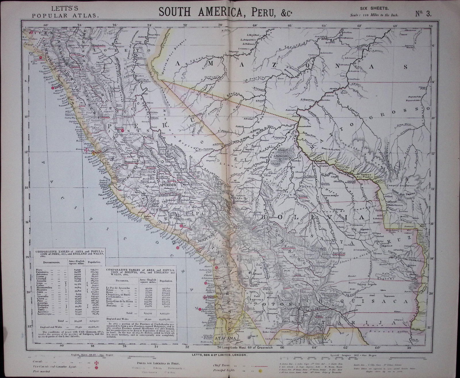 1883 Antique Coloured Letts Map South America Peru, Bolivia, -19 (1 of 1)