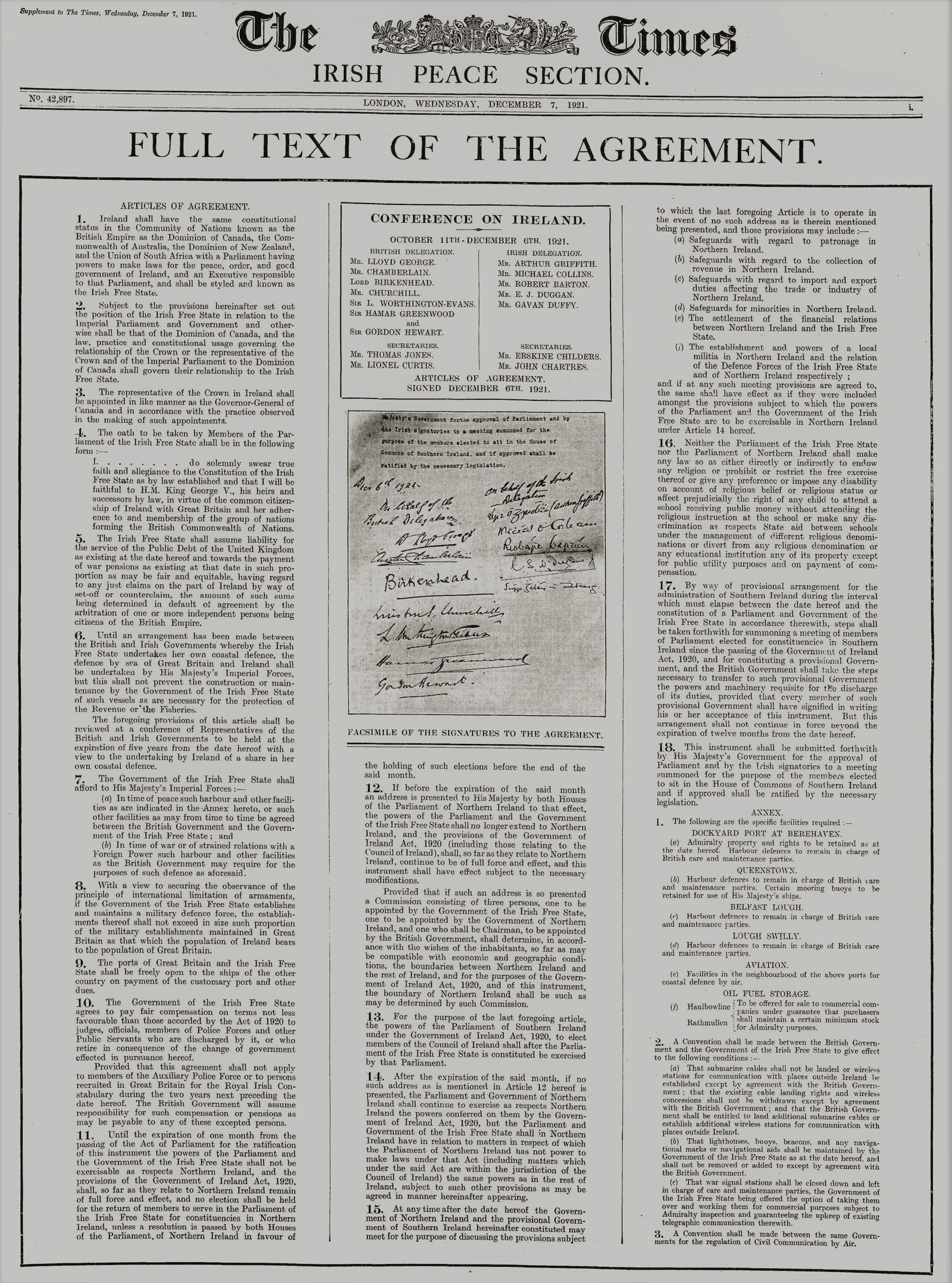 Ireland Peace Treaty, Michael Collins Agreed & Signed 1921 Irish War of Independence Rare Newspa... - 2