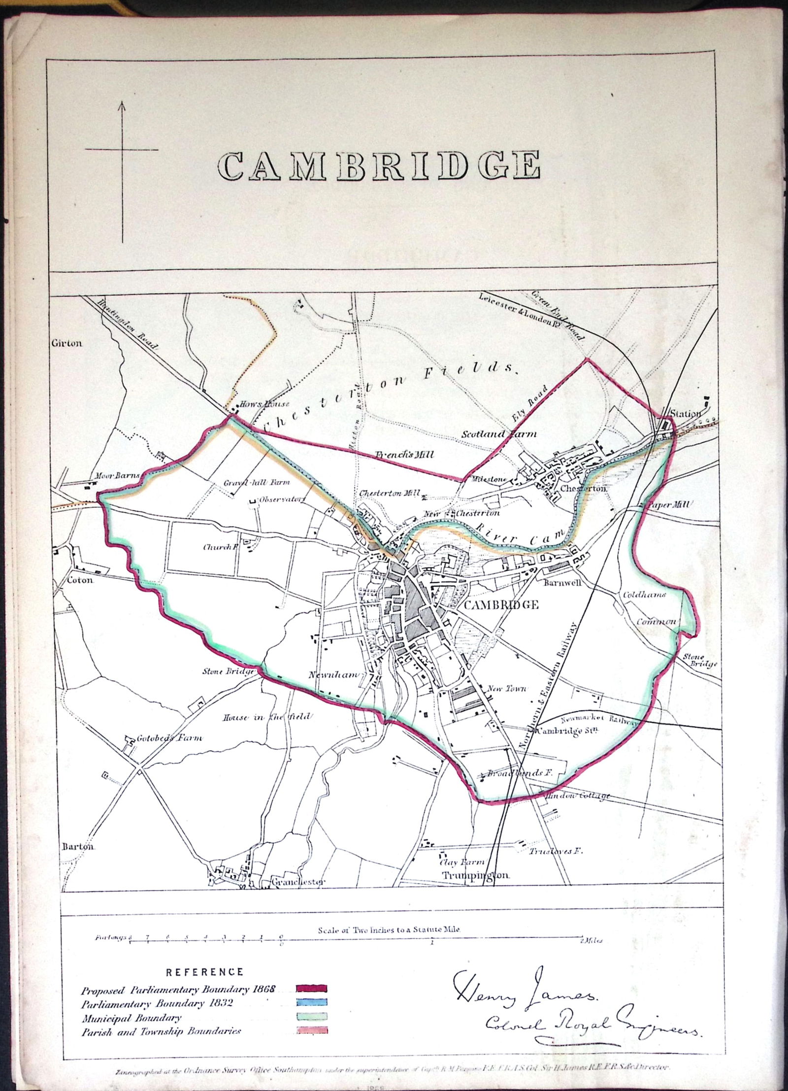 City of Cambridge Boundary Commission 157-Year-Old Coloured Antique Map. (1 of 2)