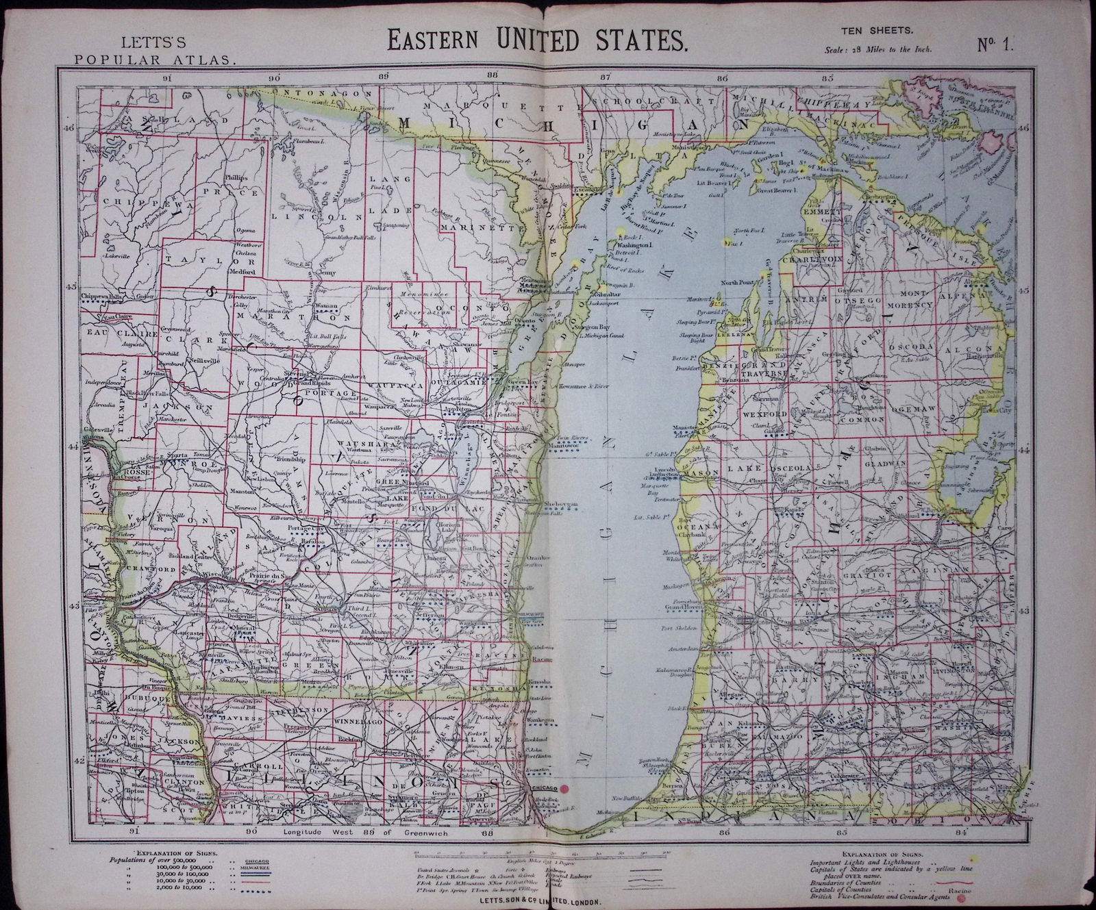 1883 Antique Letts Map United States Illinois, Wisconsin, Michigan, Chicago-1 (1 of 1)