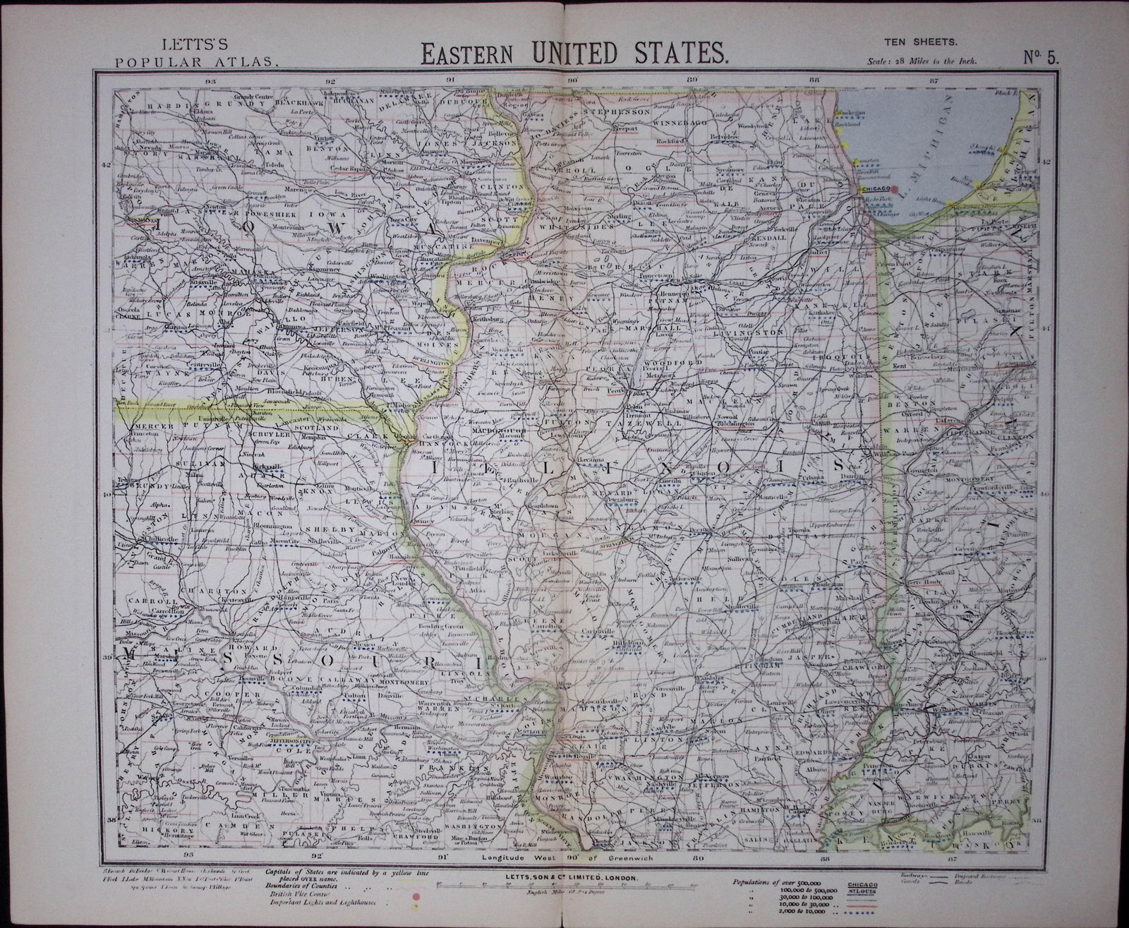 1883 Antique Letts Map United States Illinois, Iowa, Missouri, Chicago-5 (1 of 1)