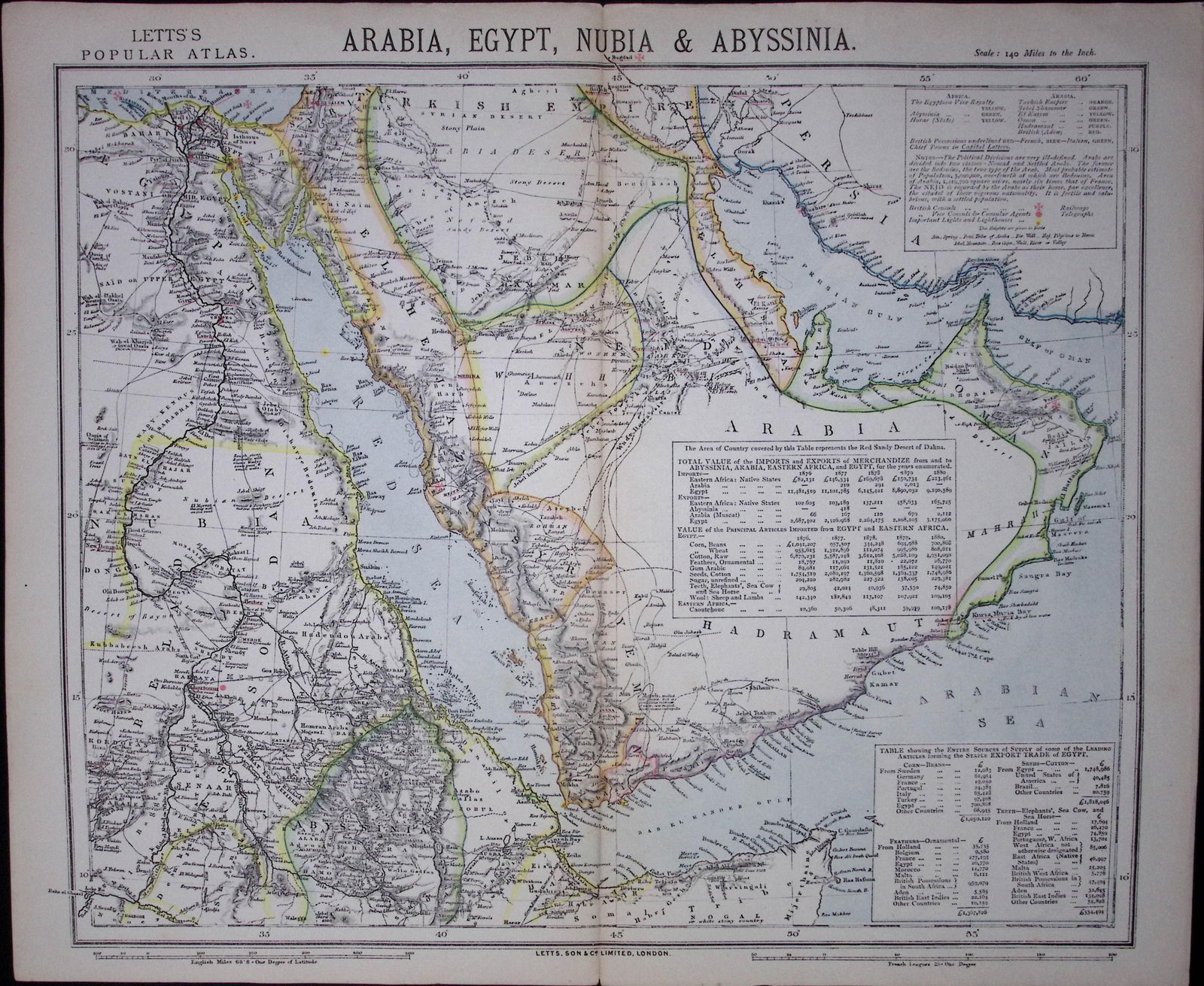 1883 Antique Coloured Letts Map Arabia, Egypt, Nubia, Abyssinia- 33: Title: 1883 Antique Coloured Letts Map Arabia, Egypt, Nubia, Abyssinia- 33 Description: Which Was Removed from an Edition of Letts Popular Atlas. Published In 1883 During the Reign of Queen
