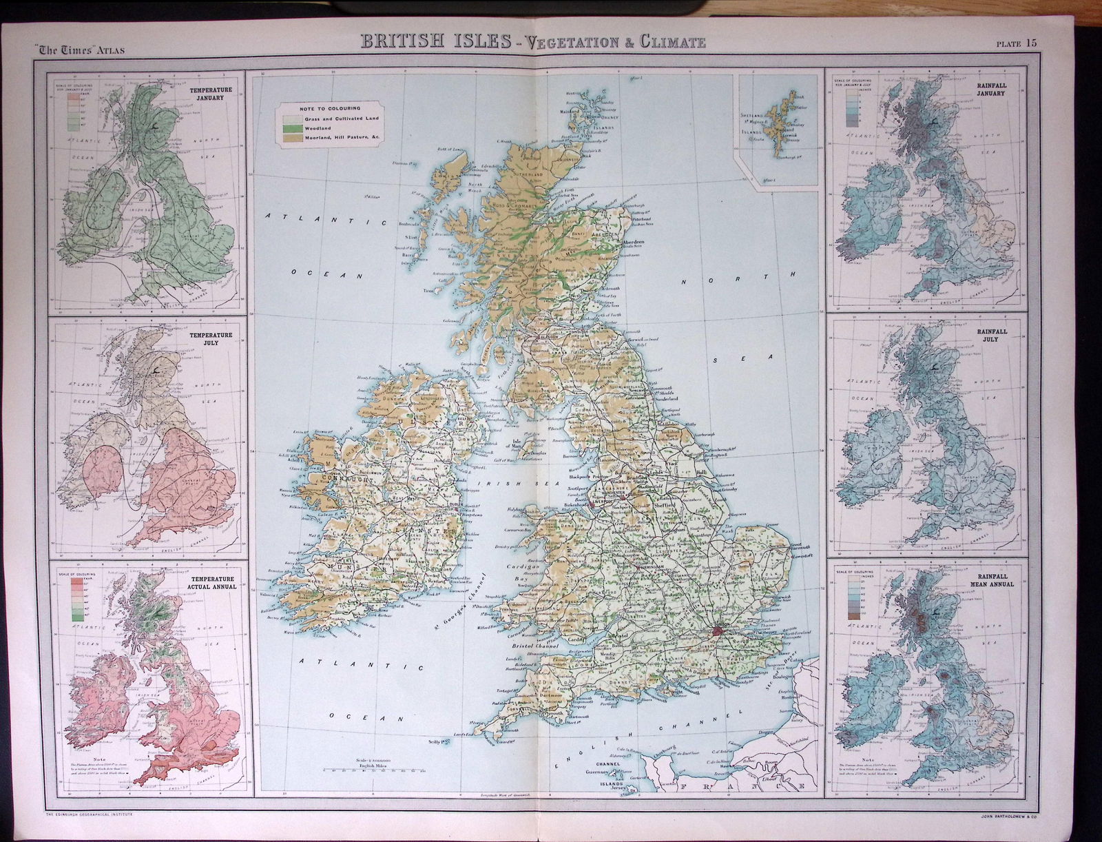 British Isles Vegetation & Climate Large Coloured Antique Map John Bartholomew (1 of 2)