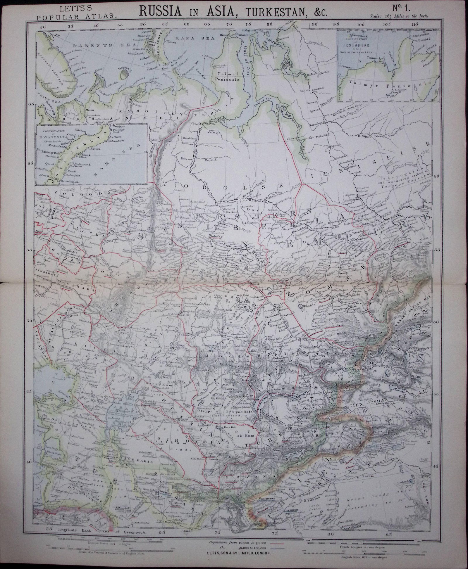 1883 Antique Coloured Letts Map Russia, Turkestan, Asia-25 (1 of 1)