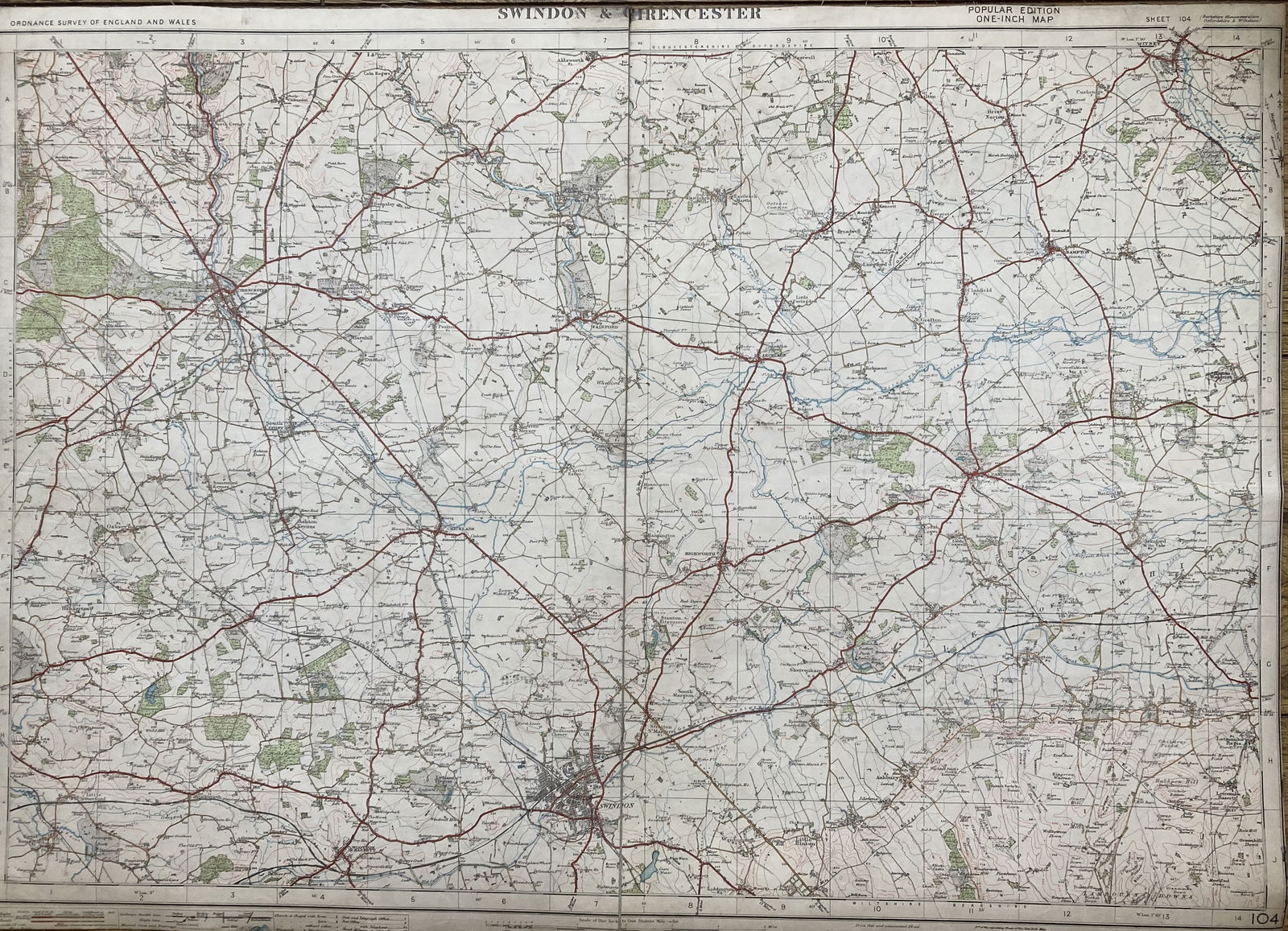 Swindon & Cirencester, Cloth Backed Vintage 1933 Large 27 x 20 (Inches) Engineering Map. (1 of 2)