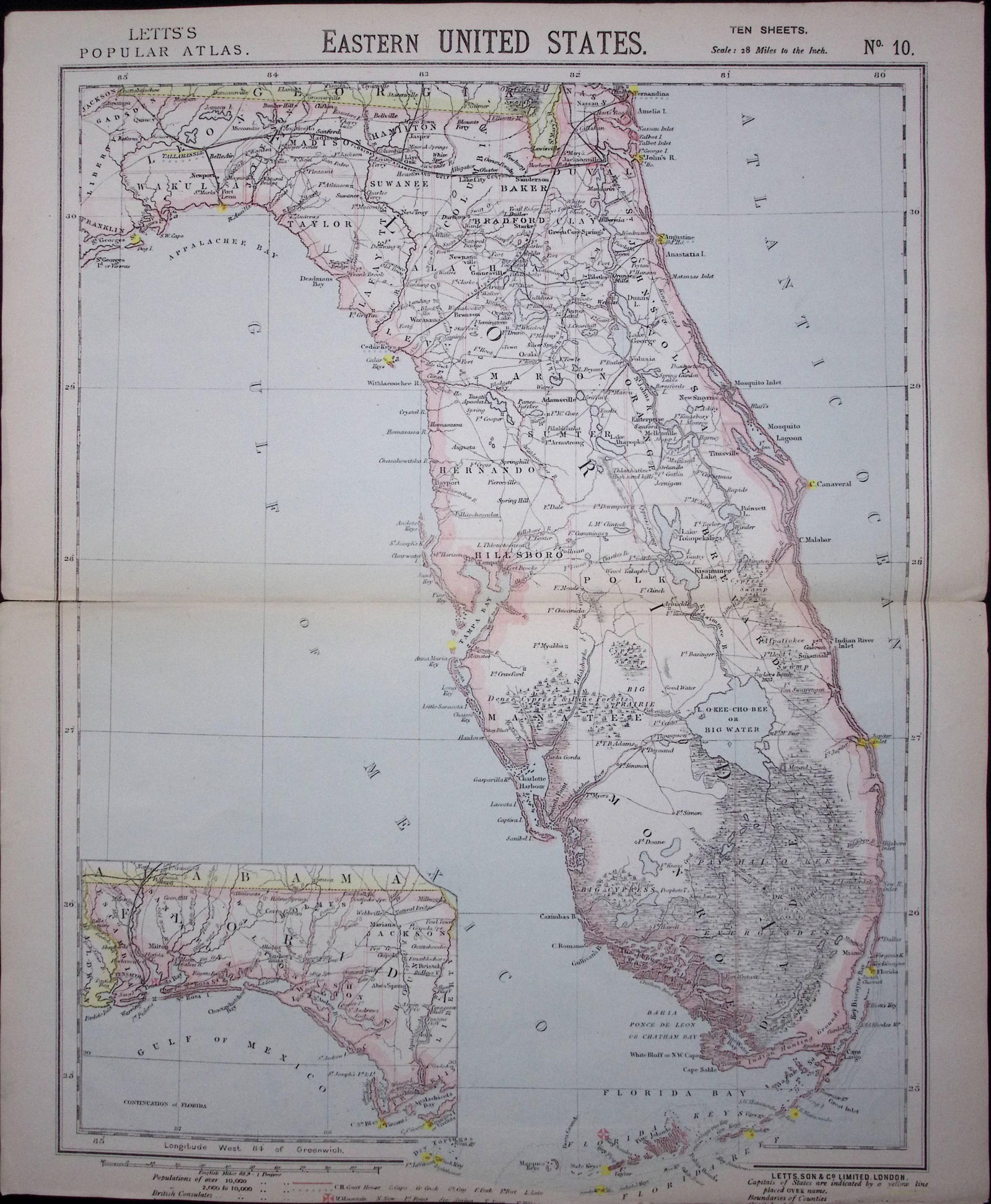 1883 Antique Letts Map United State Florida. Cape Canaveral, Miami-10 (1 of 1)