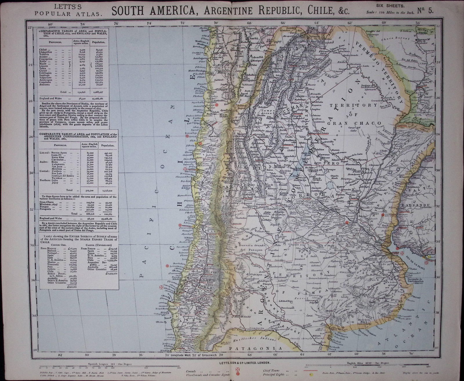 1883 Antique Coloured Letts Map South America Argentina, Peru-21: Title: 1883 Antique Coloured Letts Map South America Argentina, Peru-21 Description: Which Was Removed from an Edition of Letts Popular Atlas. Published In 1883 During the Reign of Queen