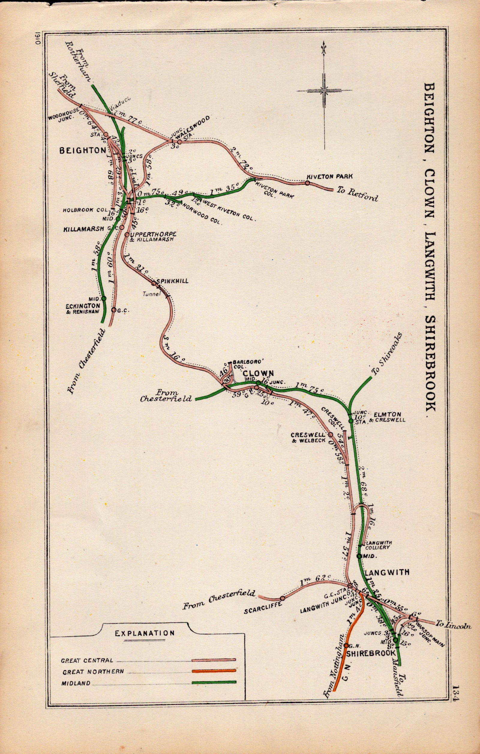 Beighton, Clown, Shirebook, Derbyshire Antique Railway Diagram-134.: Title: Beighton, Clown, Shirebook, Derbyshire Antique Railway Diagram-134. Description: This Antique Railway Junction Diagram Has Been Removed from a Copy of. 1920 Railway Cle