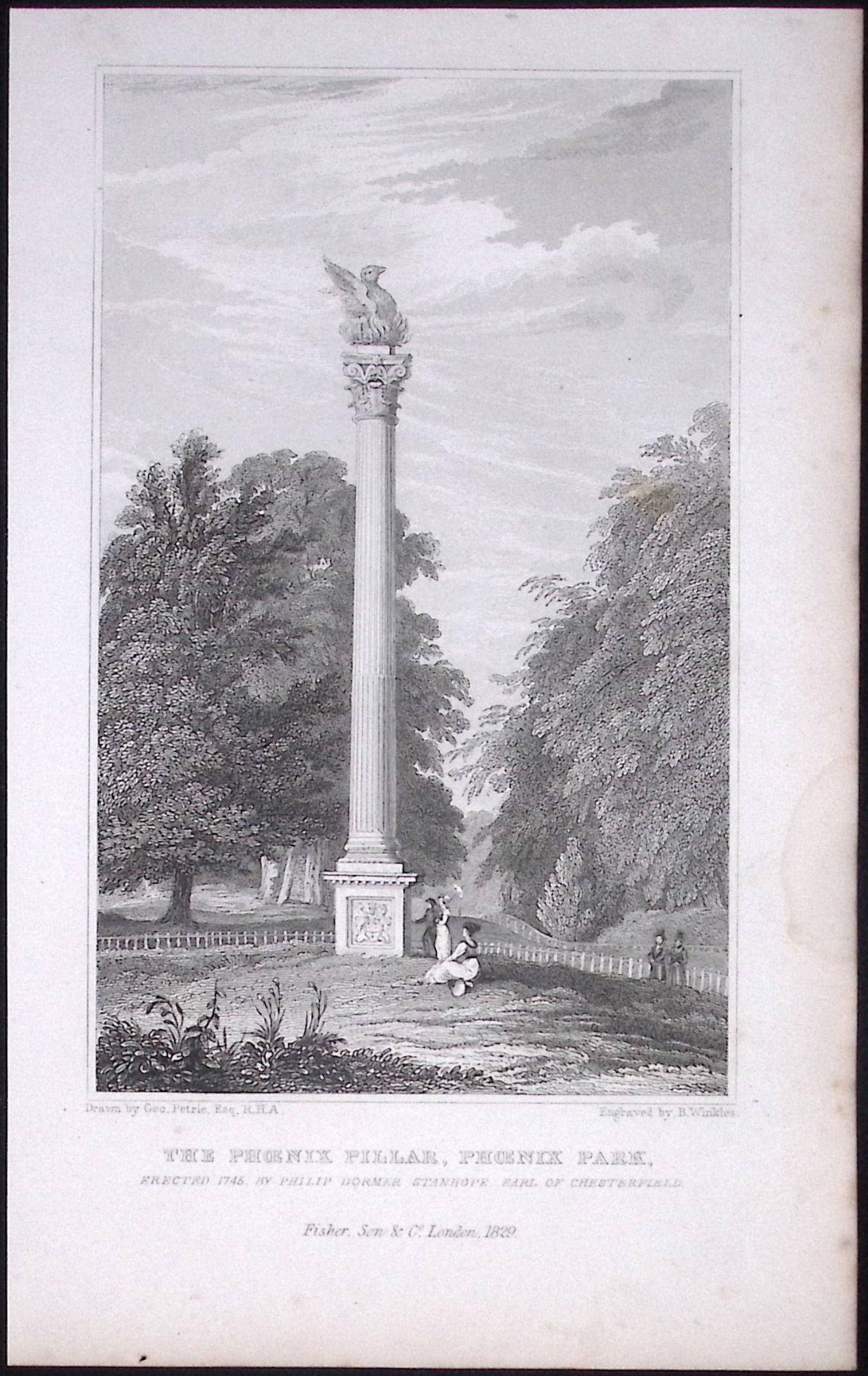 Dublin Phoenix Pillar, Phoenix Park 194 Years Old Antique Steel Engraving-29 (1 of 2)