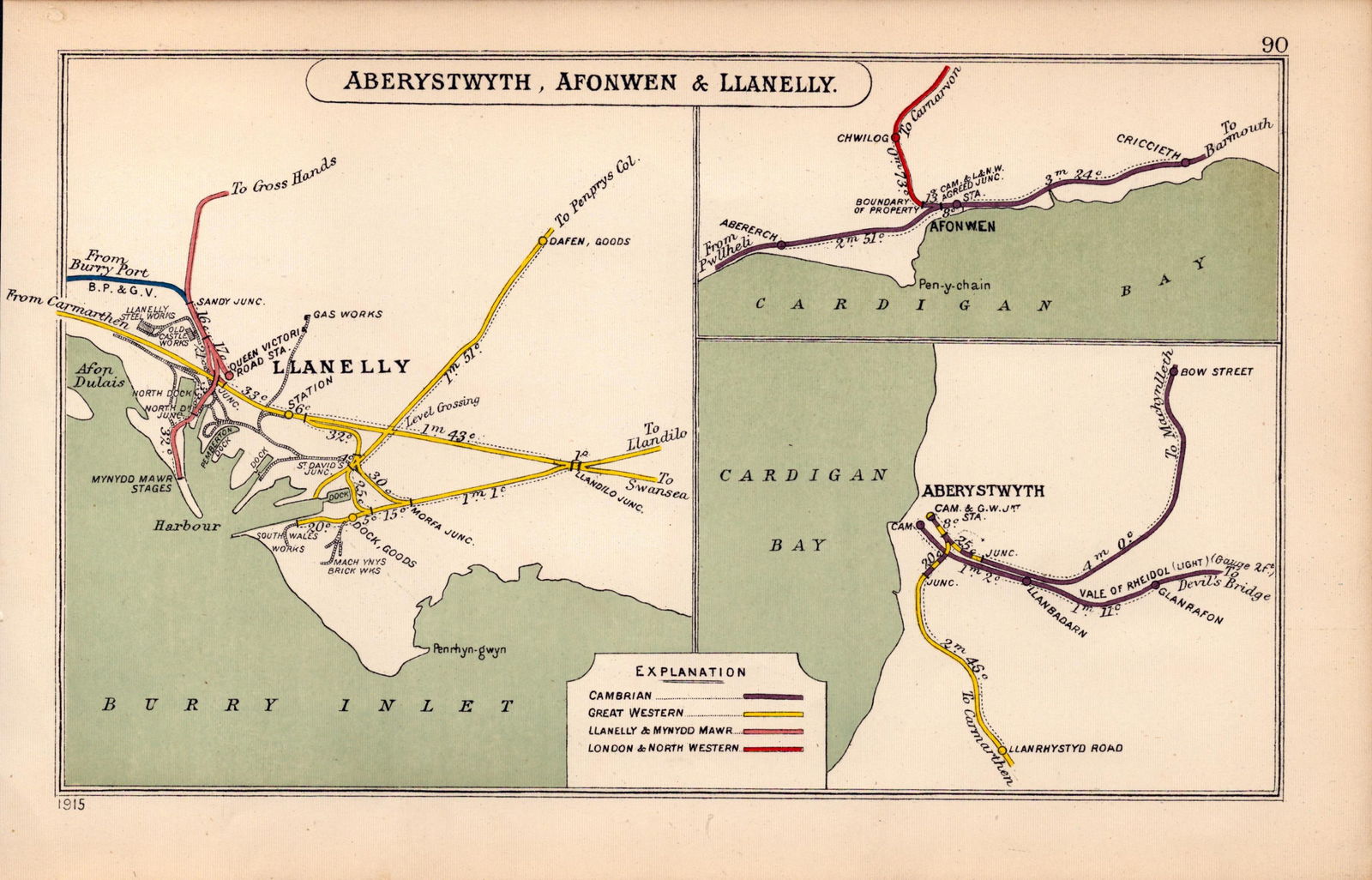 Aberystwyth Afonwell & Llanelly Wales Antique Railway Diagram-90. (1 of 2)