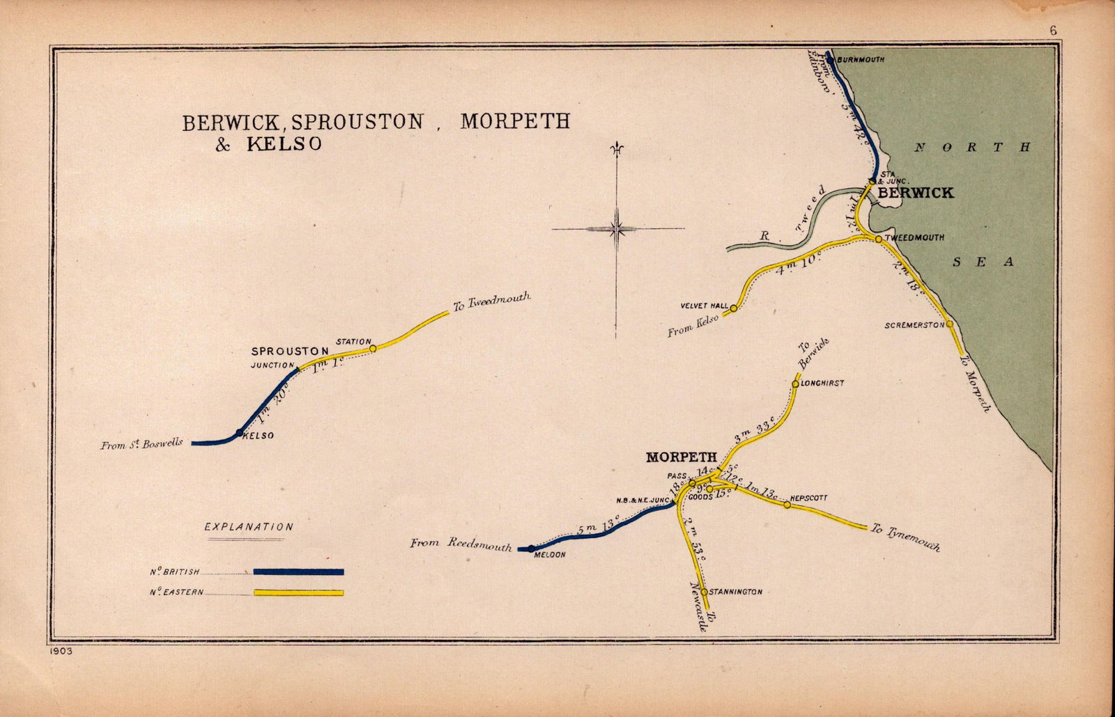Berwick Sprouston Morpeth & Kelso Antique Railway Diagram-6.: Title: Berwick Sprouston Morpeth & Kelso Antique Railway Diagram-6. Description: This Antique Railway Junction Diagram Has Been Removed from a Copy of. 1920 Railway Clearing House and Was