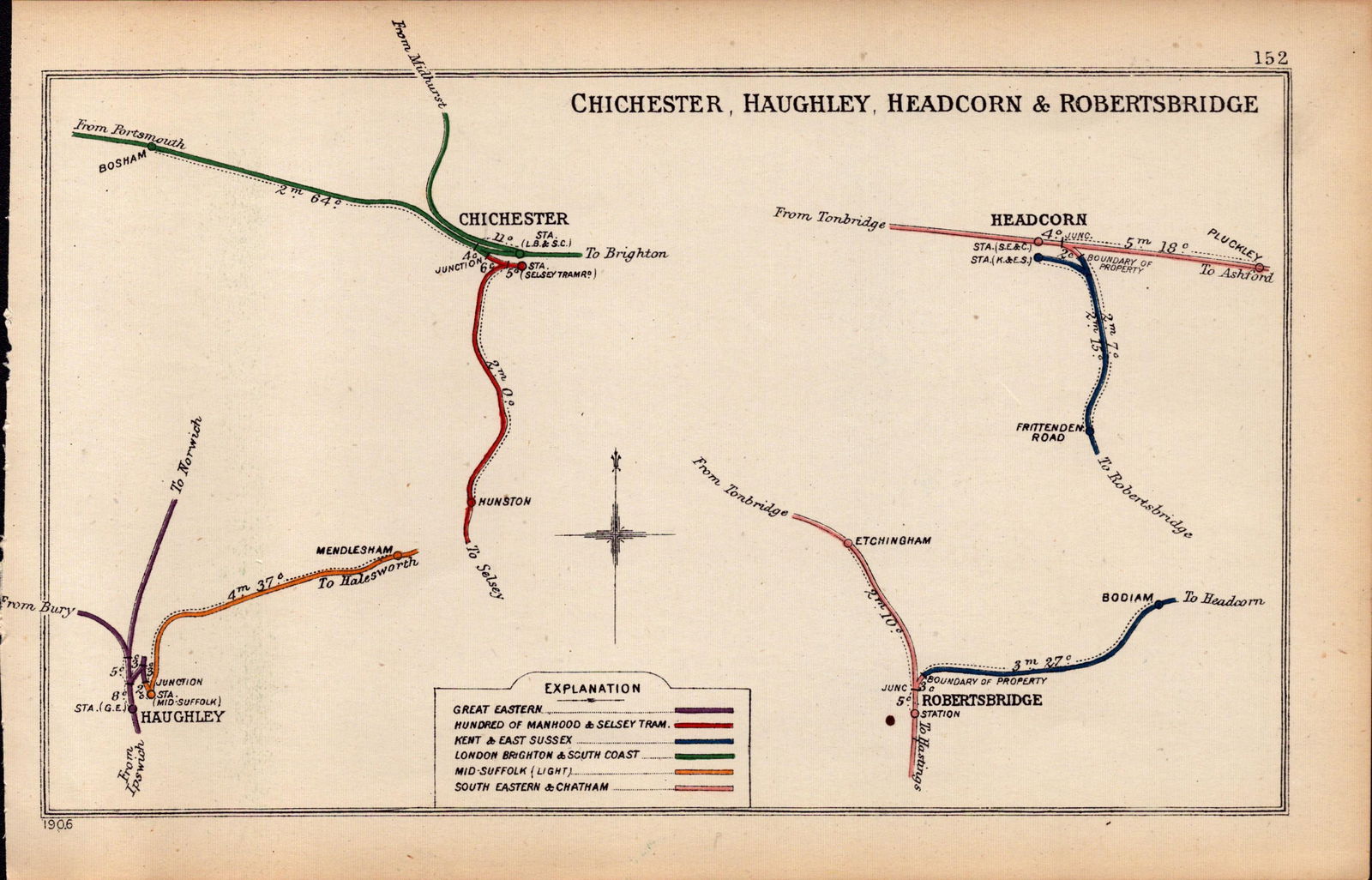 Chichester, Haughley, Robertsbridge Antique Railway Diagram-152.: Title: Chichester, Haughley, Robertsbridge Antique Railway Diagram-152. Description: This Antique Railway Junction Diagram Has Been Removed from a Copy of. 1920 Railway Clearing House and Was