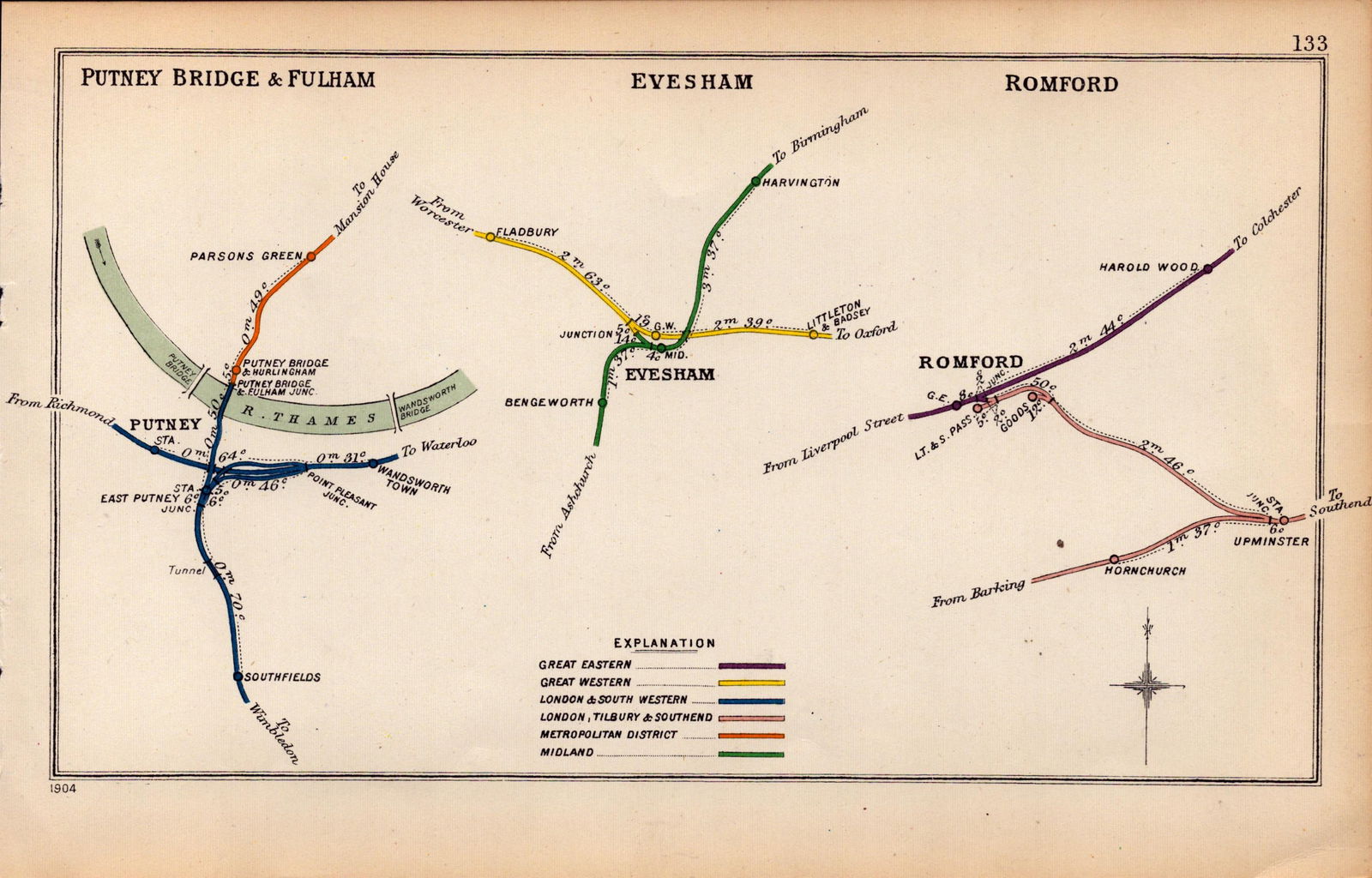 Putney Bridge & Fulham London Antique Railway Junctions Diagram-133. (1 of 2)