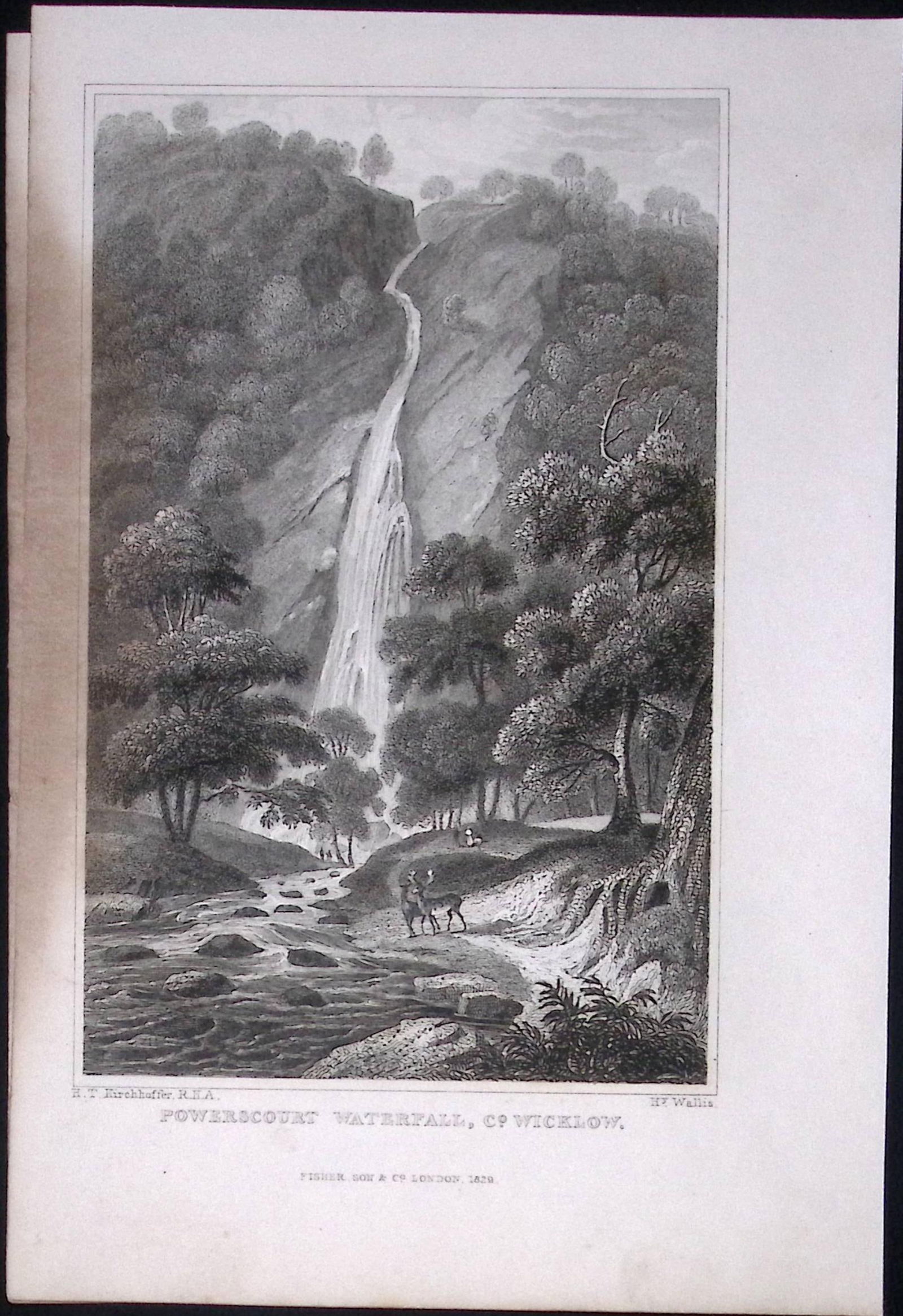 Wicklow Powerscourt Waterfall 194 Years Old Antique Steel Engraving-4 (1 of 2)