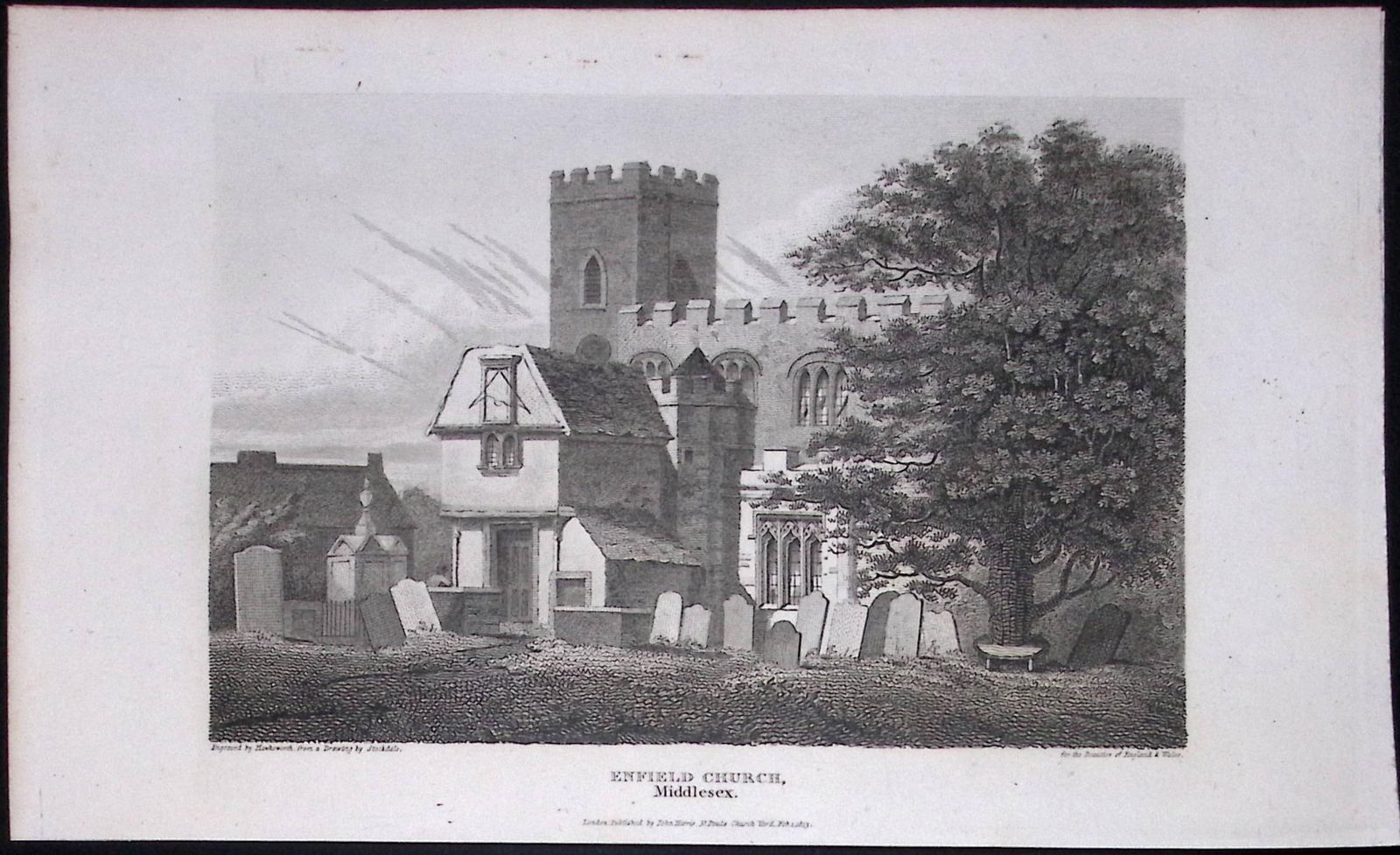 London Enfield Church & Graveyard Antique 200 Years-Old Steel-Engraving-96 (1 of 2)