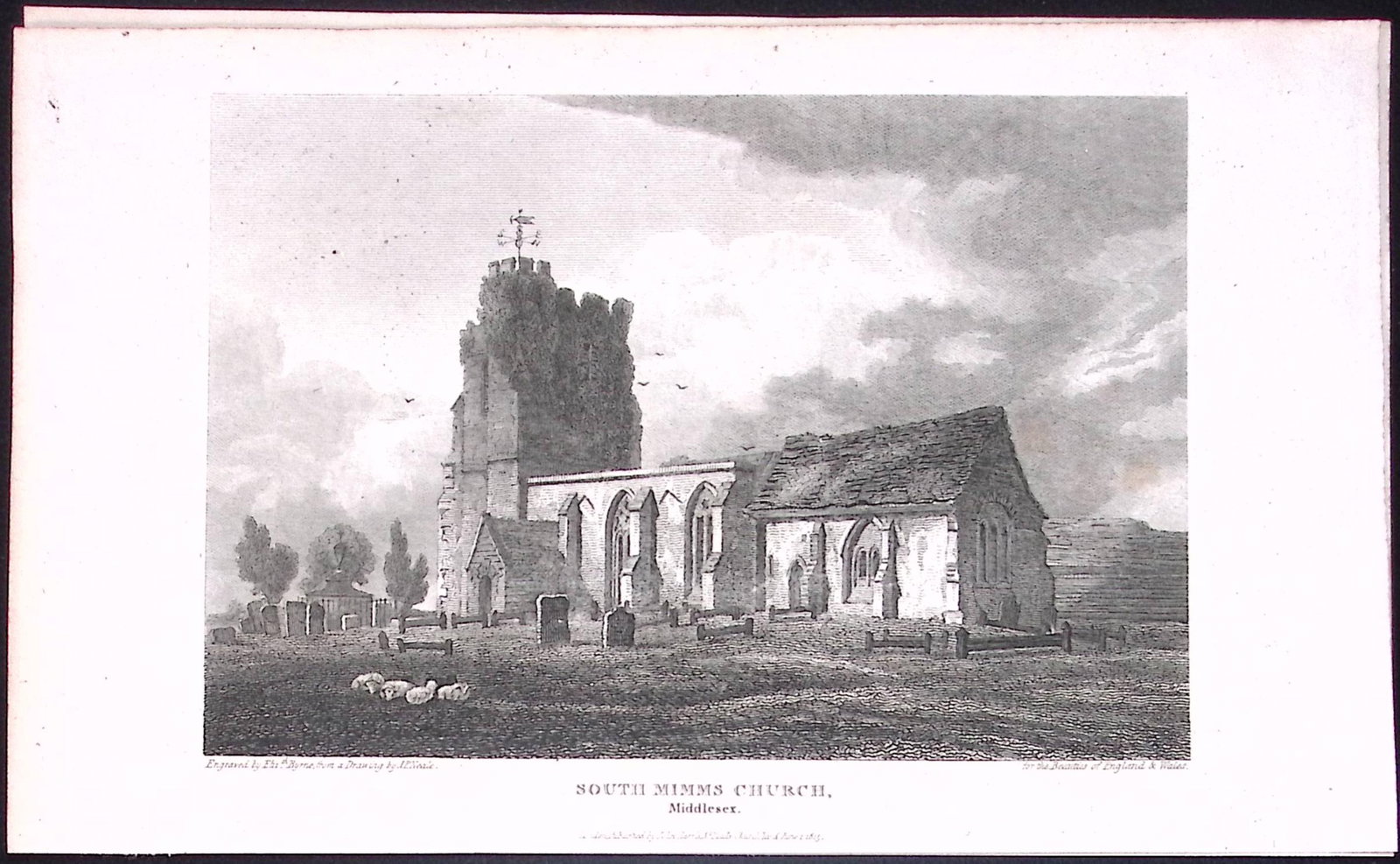 South Mimms Church London Antique 200 Years-Old Steel-Engraving-243 (1 of 2)