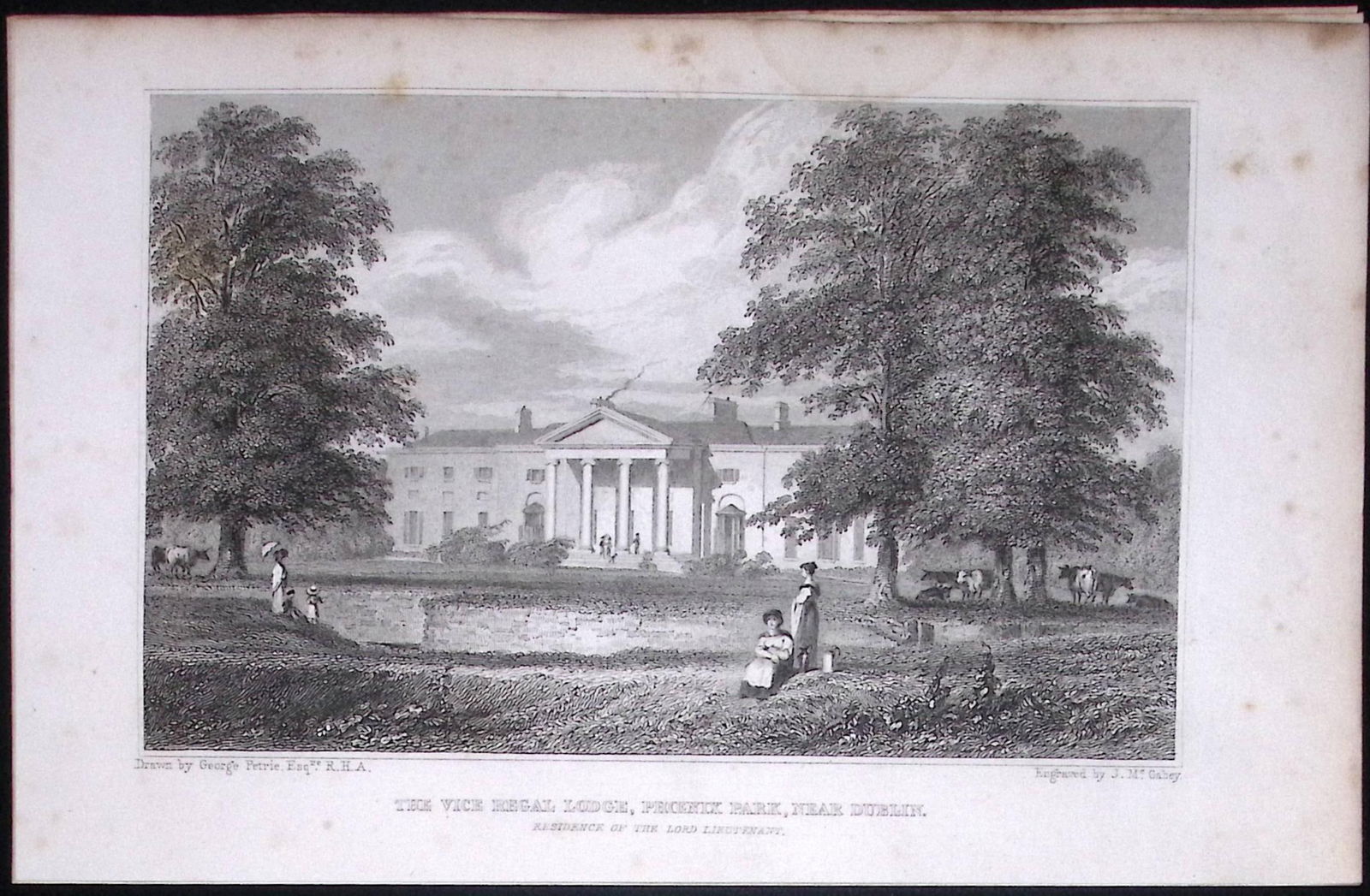 Dublin Vice Regal Lodge Phoenix Park 194 Years Old Antique Steel Engraving-28 (1 of 2)