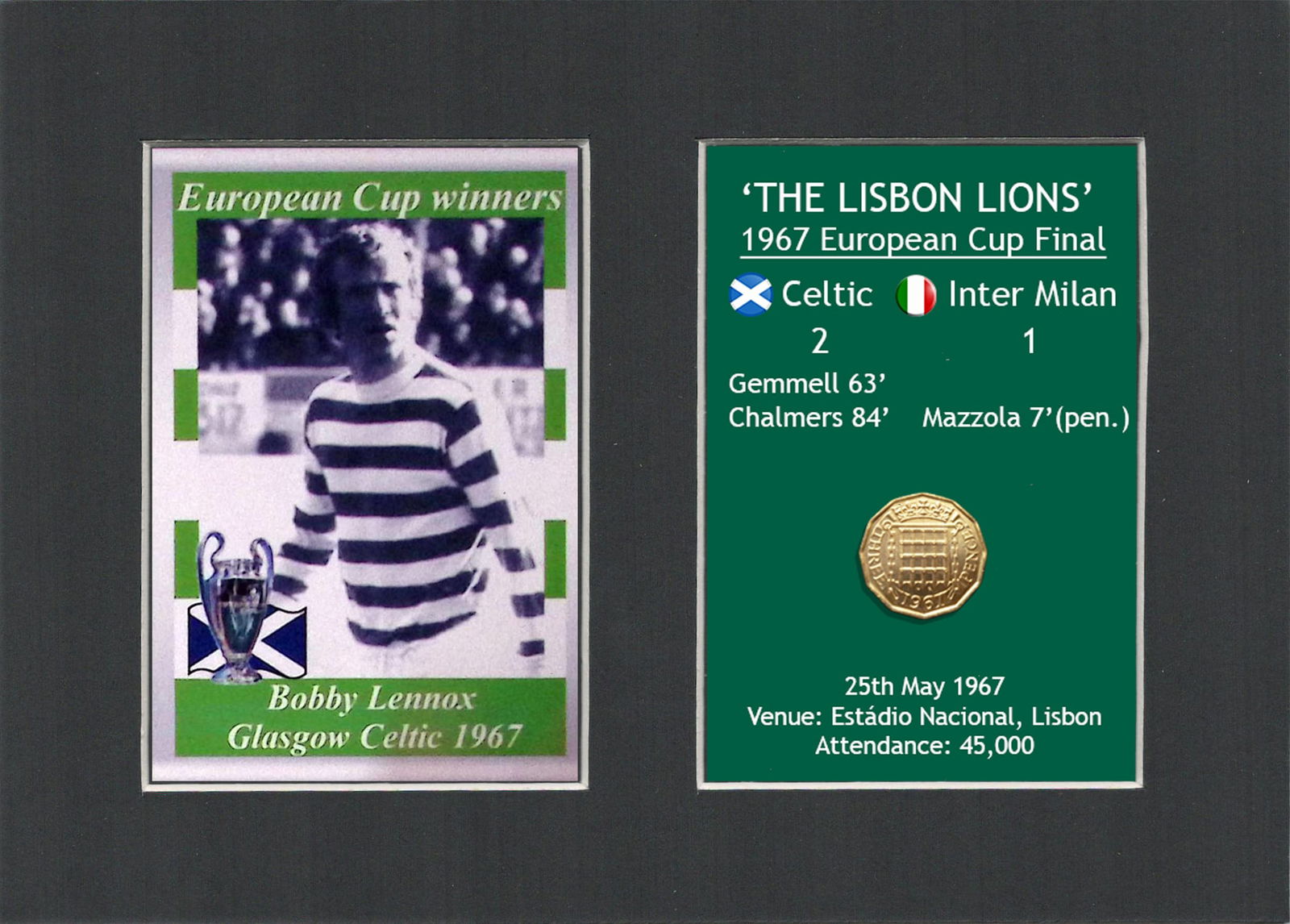 Bobby Lomax Celtic FC European Cup Mount & Original Half-Crown Coin Metal Art: Title: Bobby Lomax Celtic FC European Cup Mount & Original Half-Crown Coin Metal Art Description: Consists of a Genuine 1967 Threepenny Piece. The Year Celtic Became the F