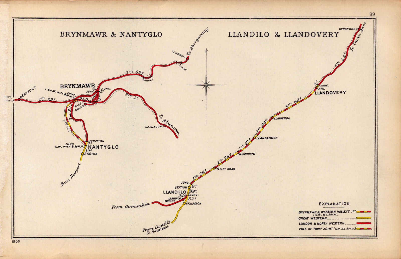 Brynmawr & Llandovery Wales Antique Railway Junction Map-99. (1 of 2)