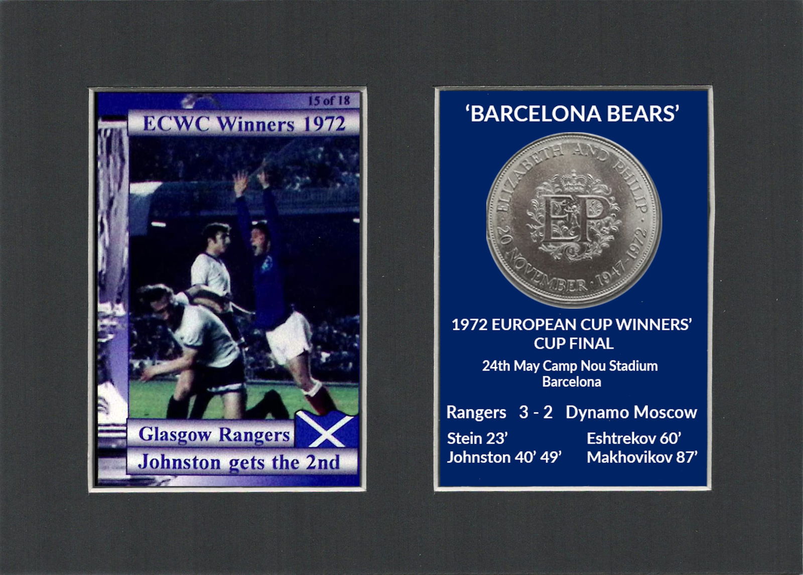 3-0 Rangers FC Barcelona Bears 1972 ECWC Mounted Card & Coin Metal Art Gift Set (1 of 2)
