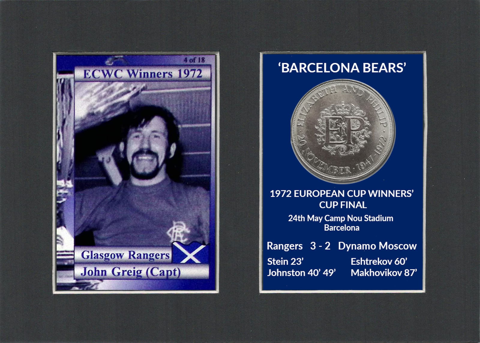 John Greig Rangers FC Wins 1972 ECWC Mounted Coin Metal Art Display: Title: John Greig Rangers FC Wins 1972 ECWC Mounted Coin Metal Art Display Description: Rangers FC Wins 1972 ECWC Mounted Card & Coin Gift Set. Consists of a Genuine 1972 Unci