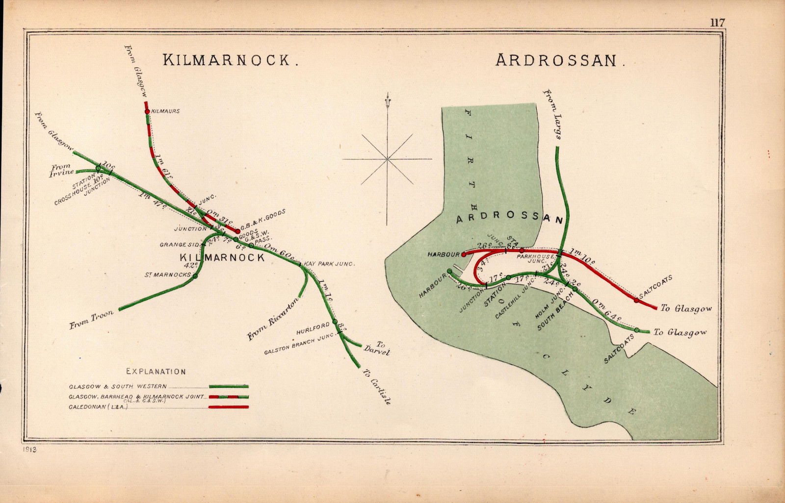 Kilmarnock & Ardrossan Scotland Antique Railway Diagram-117.: Title: Kilmarnock & Ardrossan Scotland Antique Railway Diagram-117. Description: This Antique Railway Junction Diagram Has Been Removed from a Copy of. 1920 Railway Clearing House and Was