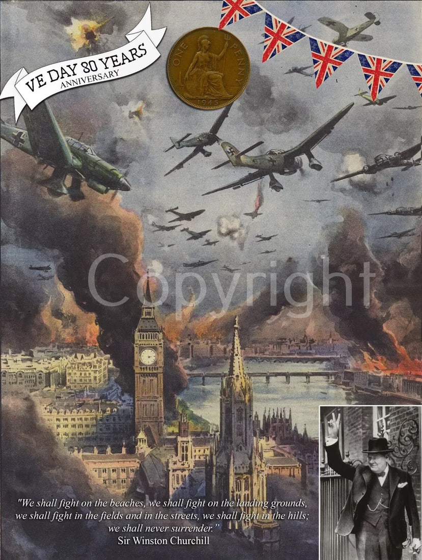 London Blitz VE Day 80th Anniversary Designed Metal Art Coin Display: Title: London Blitz VE Day 80th Anniversary Designed Metal Art Coin Display Description: Original Penny Coin From 1945 The Year the War Ended.Mounted On to A 8"X6" (200x150mm) Metal Information