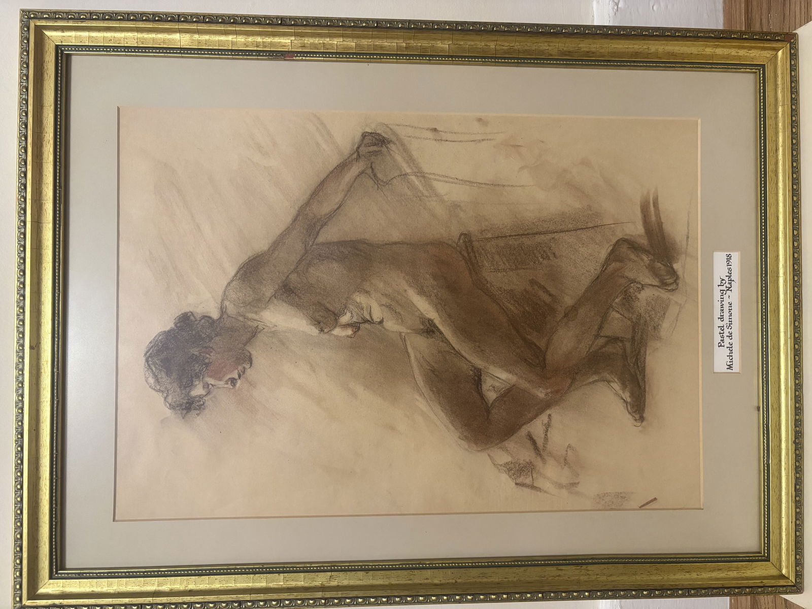 Michele de Simone, Pastel Drawing On Paper of Nude Women: Title: Michele de Simone, Pastel Drawing On Paper of Nude Women Description: Seated nude Pastel Works on paper Framed in heavy gold vintage frame and glazed Signed and dated Naples 1918