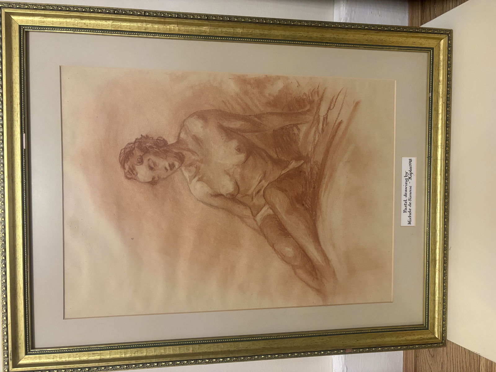 Michele de Simone Pastel Drawing of Nude Woman: Title: Michele de Simone Pastel Drawing of Nude Woman Description: Pastel and pencil Works on paper Signed and dated Naples 1918 Seated nude Framed and glazed in gold gilt vintage frame