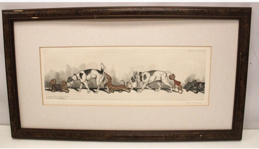 Boris O’Klein “Dirty Dogs” Signed Original Colour Etching Print: Title: Boris O’Klein “Dirty Dogs” Signed Original Colour Etching Print Description: Medium: Etching Frame dimensions - H:16.5 “ x W -26” Boris O’Klein (