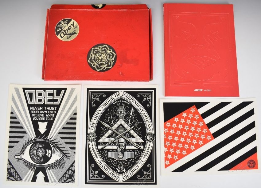 Shepard Fairey (b 1970) Rare ‘Arkitip No0051’ Obey Book In Sleeve Box, 3 Signed Prints, : Title: Shepard Fairey (b 1970) Rare ‘Arkitip No0051’ Obey Book In Sleeve Box, 3 Signed Prints, 1st Ed, 2010 Description: Shepard Fairey (b 1970) ‘Arkitip No 0051