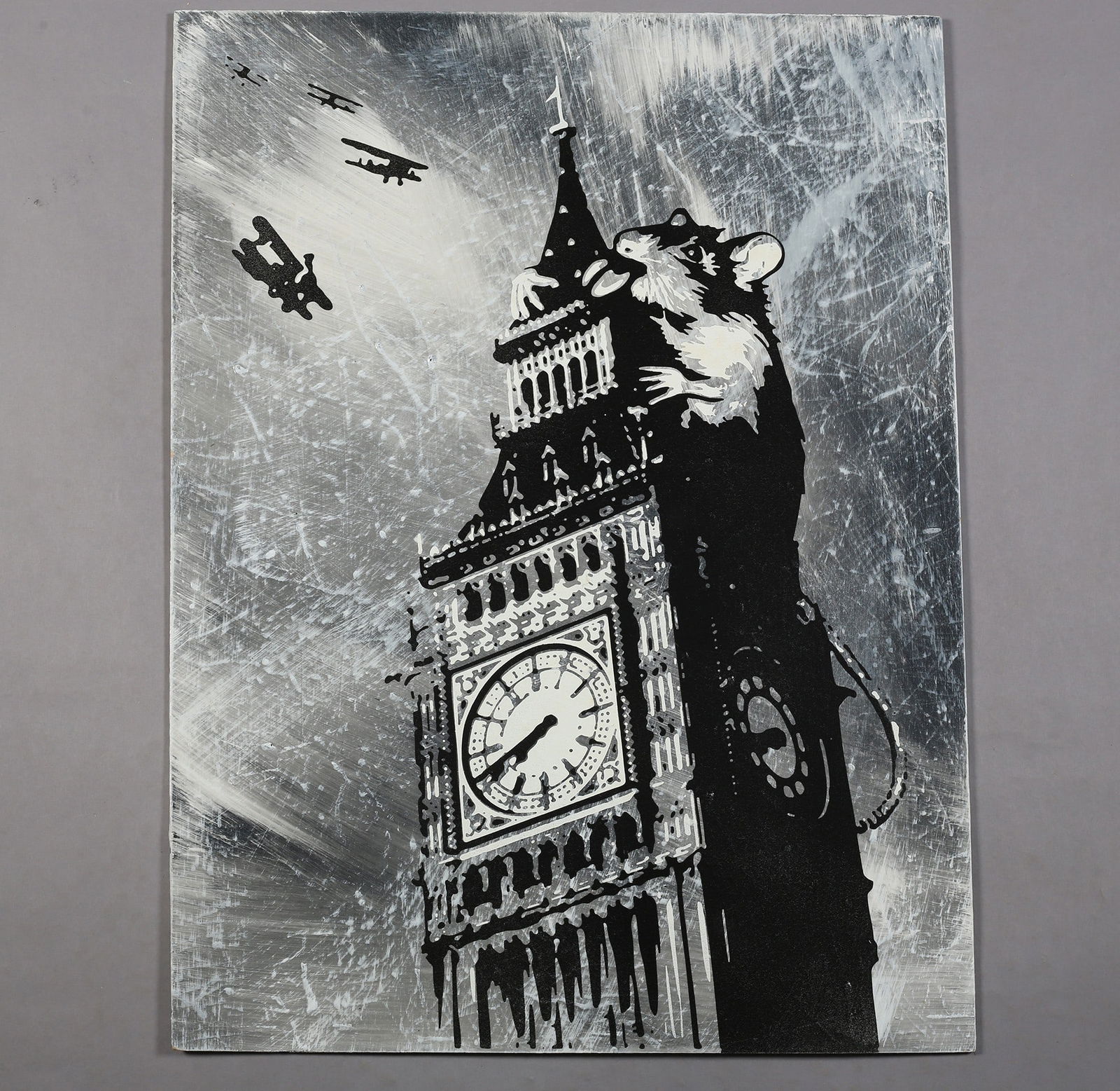 Rourke Van Dal (b1964) 'Rat On Big Ben', Spray Paint and Acrylic On Board, Signed, Editioned, 200...: Title: Rourke Van Dal (b1964) 'Rat On Big Ben', Spray Paint and Acrylic On Board, Signed, Editioned, 2009 Description: Rourke Van Dal (b1964) 'Rat on Big Ben', spray paint and acryli