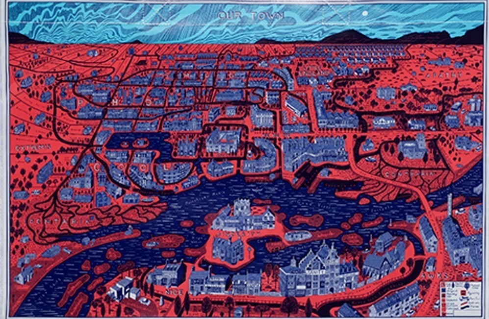 Gayson Perry RA Wall Bag / Printed Townscape (Frame Without Handles). Free Post In UK: Title: Gayson Perry RA Wall Bag / Printed Townscape (Frame Without Handles). Free Post In UK Description: Created as a bag , this piece by Grayson Perry looks amazing framed up as a