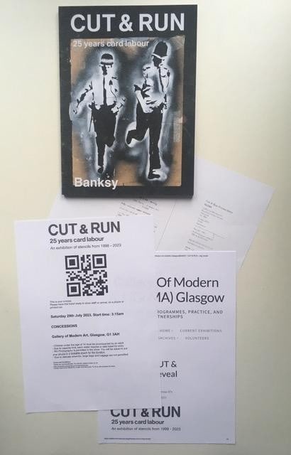 Banksy (b.1974) Authorised ‘Cut & Run' Posters 2, Exhibition Book Form Glasgow Exhibition, 202: Title: Banksy (b.1974) Authorised ‘Cut & Run' Posters 2, Exhibition Book Form Glasgow Exhibition, 2023 Description: Banksy (b.1974) Authorised ‘CUT & RUN' Posters