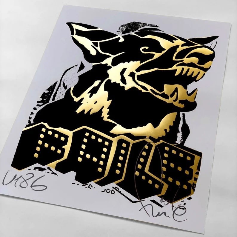 Faile (b 1975 & 76) Alsatian ‘Black/Gold’ Embossed Screen Print On Paper Signed, Limited - 2