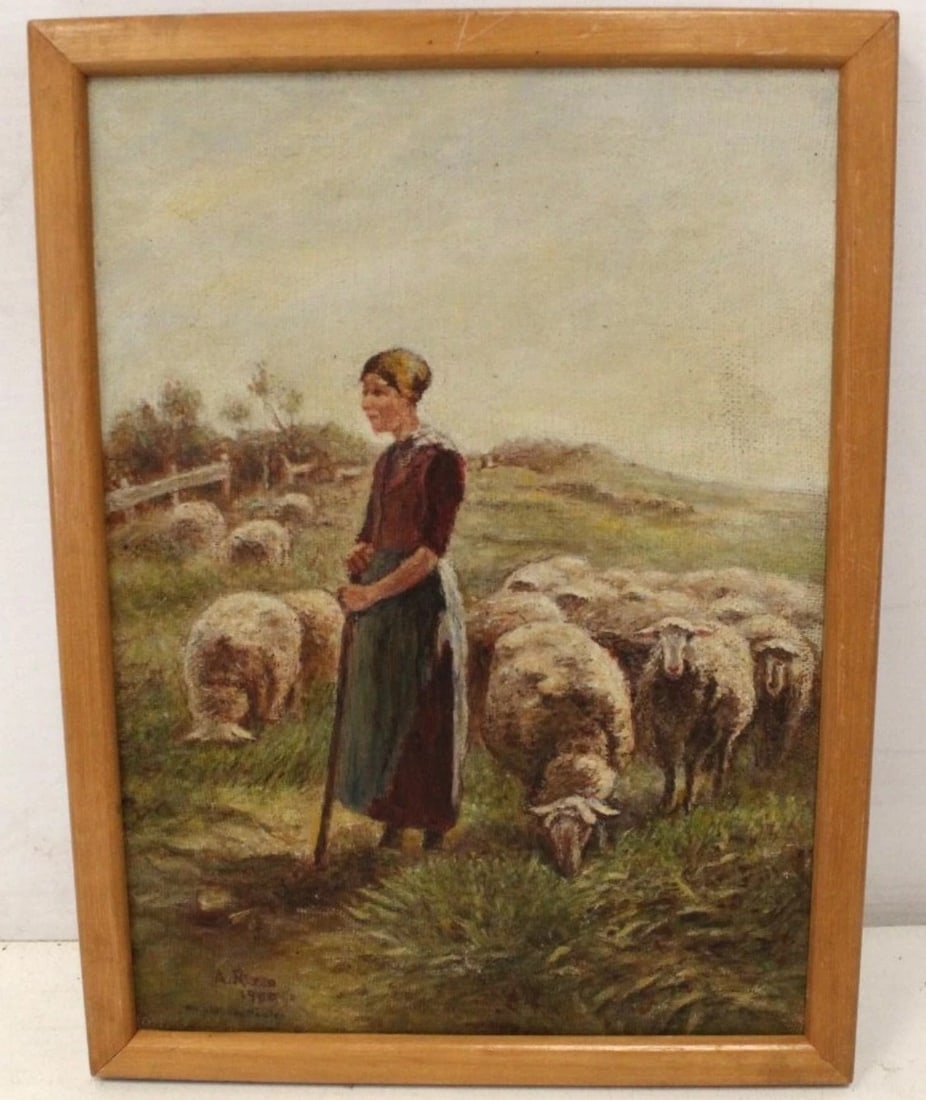 A. RIZZO Woman With Sheep Signed/ Oil Pay: Title: A. RIZZO Woman With Sheep Signed/ Oil Pay Description: Dated 1960 Dimensions: height-10 x width 7 inches Signed by the artist Art/ Picture: Good Frame : Acceptable Oil