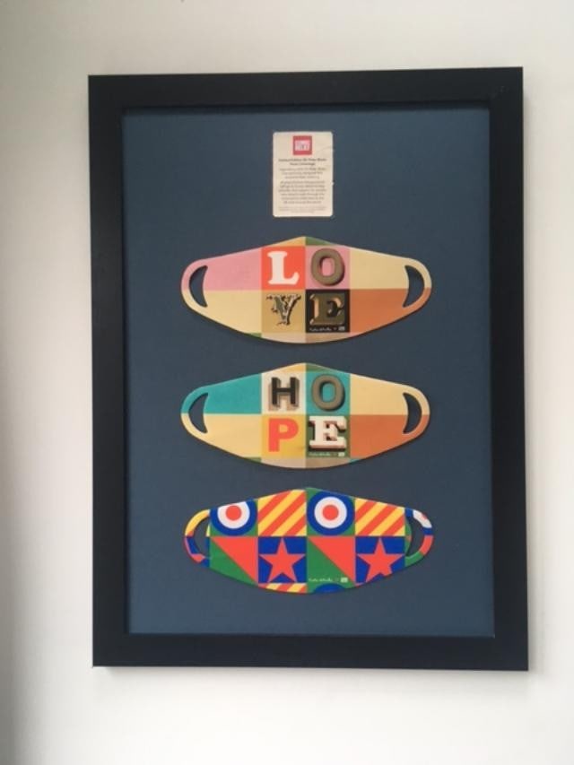 Peter Blake (1932-) Love, Hope, Britain Comic Relief Face Masks Signed, Framed, 2020: Title: Peter Blake (1932-) Love, Hope, Britain Comic Relief Face Masks Signed, Framed, 2020 Description: Peter Blake (1932-) LOVE, HOPE, BRITAIN Comic Relief Face Masks Signed, Framed,