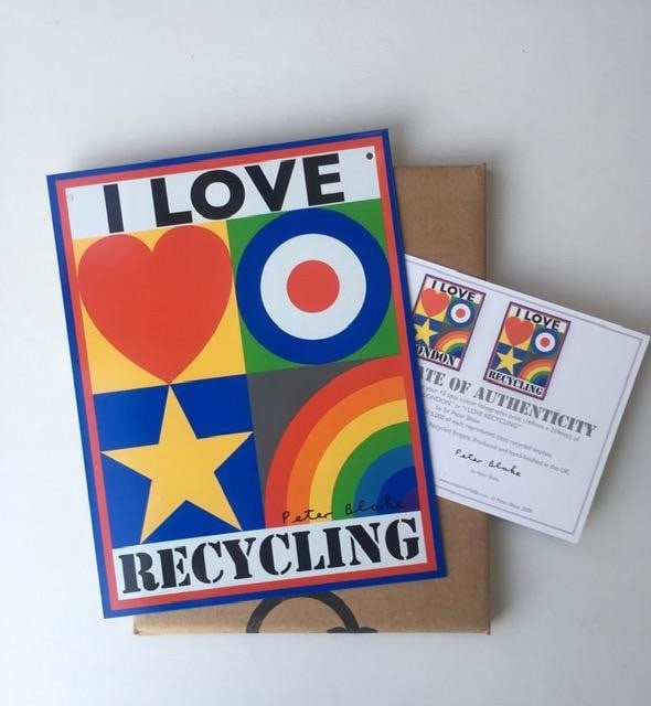 Peter Blake (b1932) I Love Recycling, Signed, Tin Plate, Signed, Certificate of Authenticity, 200...: Title: Peter Blake (b1932) I Love Recycling, Signed, Tin Plate, Signed, Certificate of Authenticity, 2009 Description: Peter Blake (b1932) I Love Recycling, Signed, Tin Plate, With Certificate