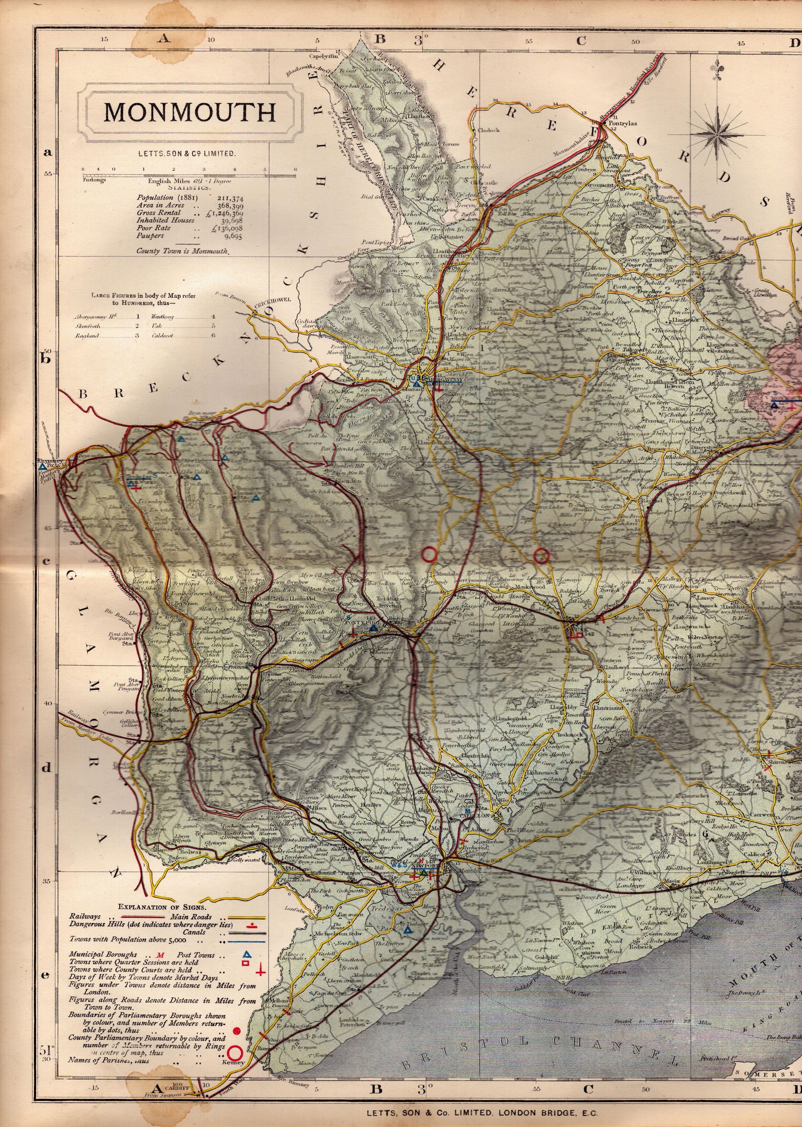 The County of Monmouth Large Victorian Letts 1884 Antique Coloured Map.: Title: The County of Monmouth Large Victorian Letts 1884 Antique Coloured Map. Description: Antique Map Which Was Removed from an Edition of Letts Popular Atlas. Pu