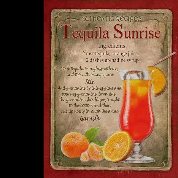 Tequila Sunrise Vintage Retro Style Cocktail Recipe Large Metal Wall Art: Title: Tequila Sunrise Vintage Retro Style Cocktail Recipe Large Metal Wall Art Description: ★ Approx Size 12” x 8” (Inches) 300 x 200 (mm). a