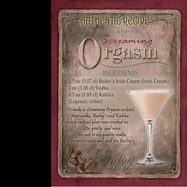 Screaming Orgasm Vintage Retro Style Cocktail Recipe Large Metal Wall Art: Title: Screaming Orgasm Vintage Retro Style Cocktail Recipe Large Metal Wall Art Description: ★ Approx Size 12” x 8” (Inches) 300 x 200 (mm). a
