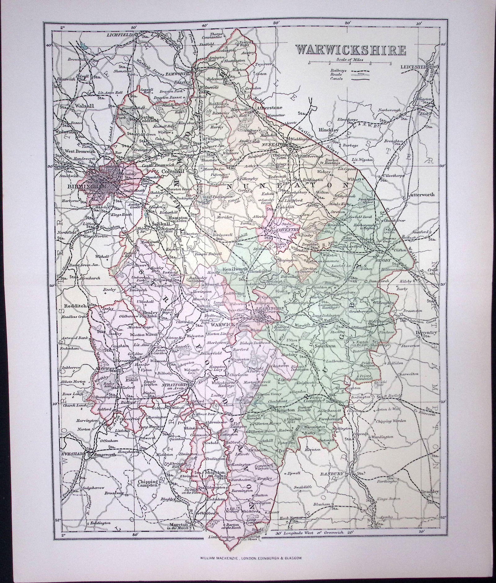 Warwickshire Detailed 1894 Antique Coloured 130 Years-Old Map.: Title: Warwickshire Detailed 1894 Antique Coloured 130 Years-Old Map. Description: This is an 1894 Antique Coloured Map Which Has Been Removed. From an Antique Edition of 'The
