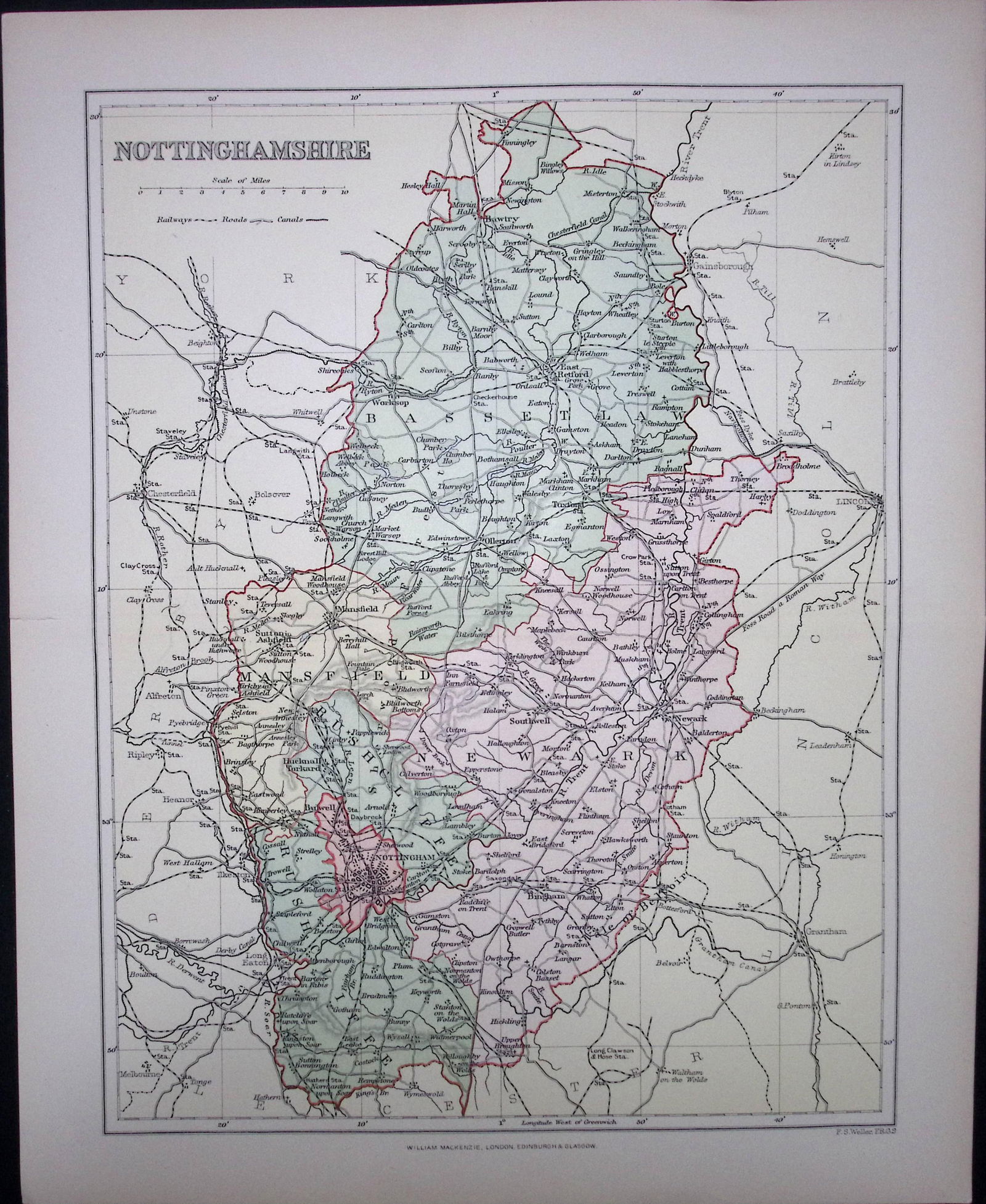 Nottinghamshire Detailed 1894 Antique Coloured 130 Years-Old Map.: Title: Nottinghamshire Detailed 1894 Antique Coloured 130 Years-Old Map. Description: This is an 1894 Antique Coloured Map Which Has Been Removed. From an Antique E