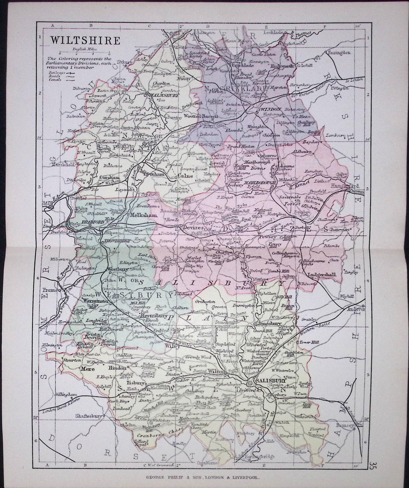 County of Wiltshire 1895 Antique Victorian Coloured Map.: Title: County of Wiltshire 1895 Antique Victorian Coloured Map. Description: This Coloured Detailed Map Was Removed from an Antique Edition of. Philips Handy Atlas of The Counties of England. 