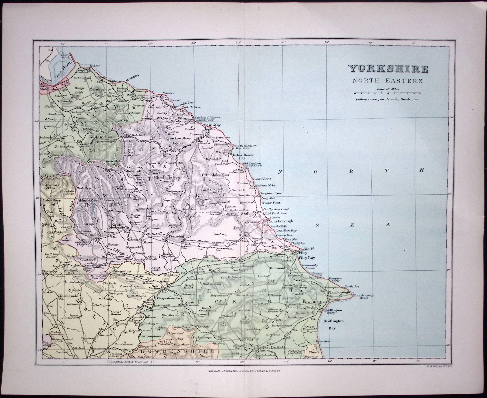 Yorkshire Whitby, Robin Hoods Bay, Scarborough, Etc 1894 Coloured Antique Map.: Title: Yorkshire Whitby, Robin Hoods Bay, Scarborough, Etc 1894 Coloured Antique Map. Description: This is an 1894 Antique Coloured Map Which Has Been Removed. From an Antique