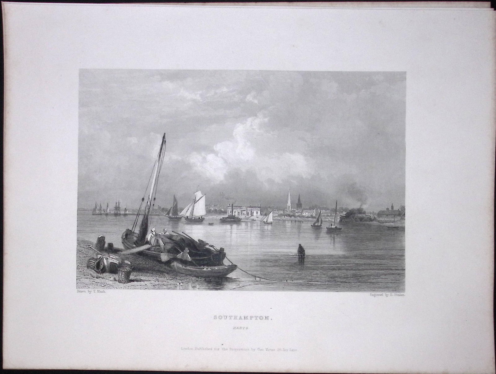 Southampton View of The City WH Bartlett 183 Years-Old Antique Steel Engraving-19 (1 of 2)