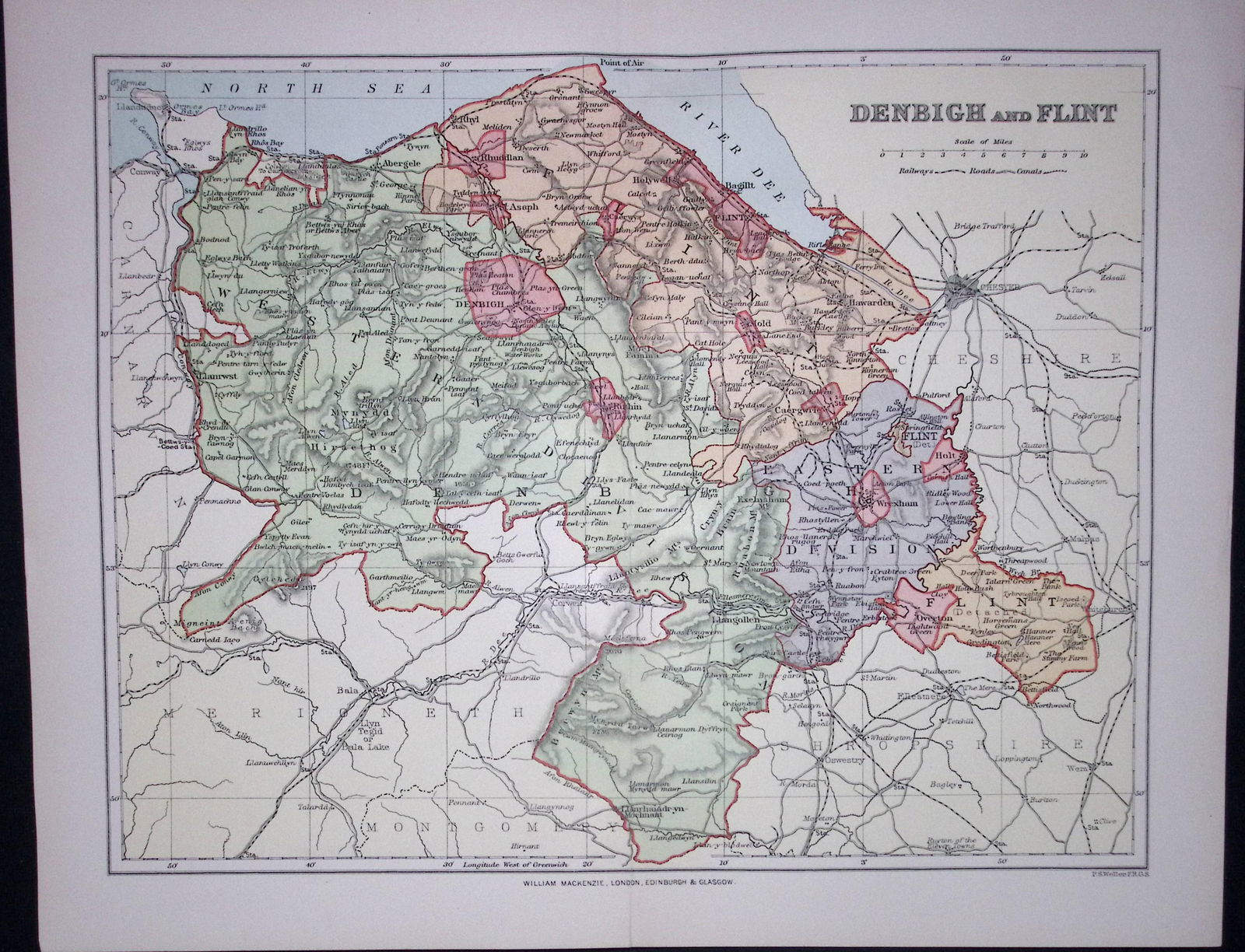 Wales Denbigh & Flint Detailed 1894 Coloured Antique 130 Years-Old Map.: Title: Wales Denbigh & Flint Detailed 1894 Coloured Antique 130 Years-Old Map. Description: This is an 1894 Antique Coloured Map Which Has Been Removed. From an Antique Edition of 'The